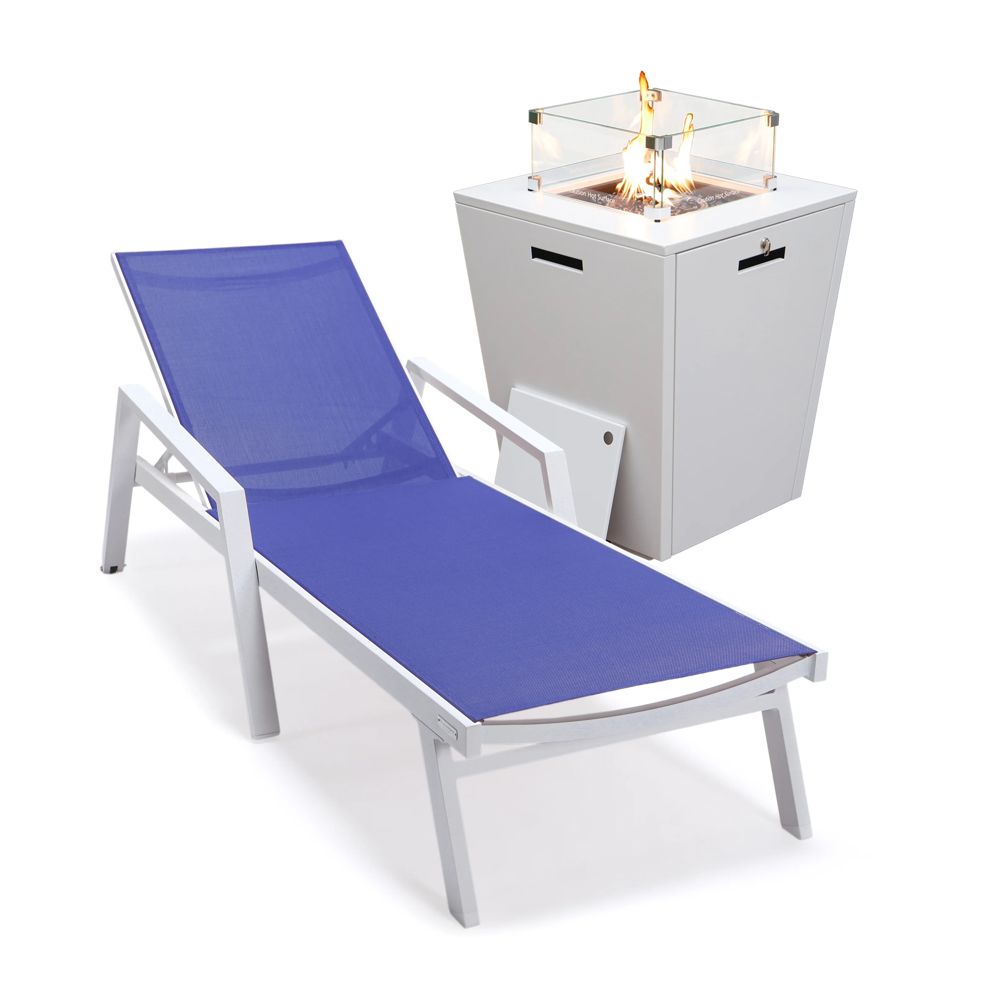 Marlin Modern White Aluminum Outdoor Patio Chaise Lounge Chair With Arms and Square Fire Pit Side Table Perfect for Patio, Lawn, and Garden