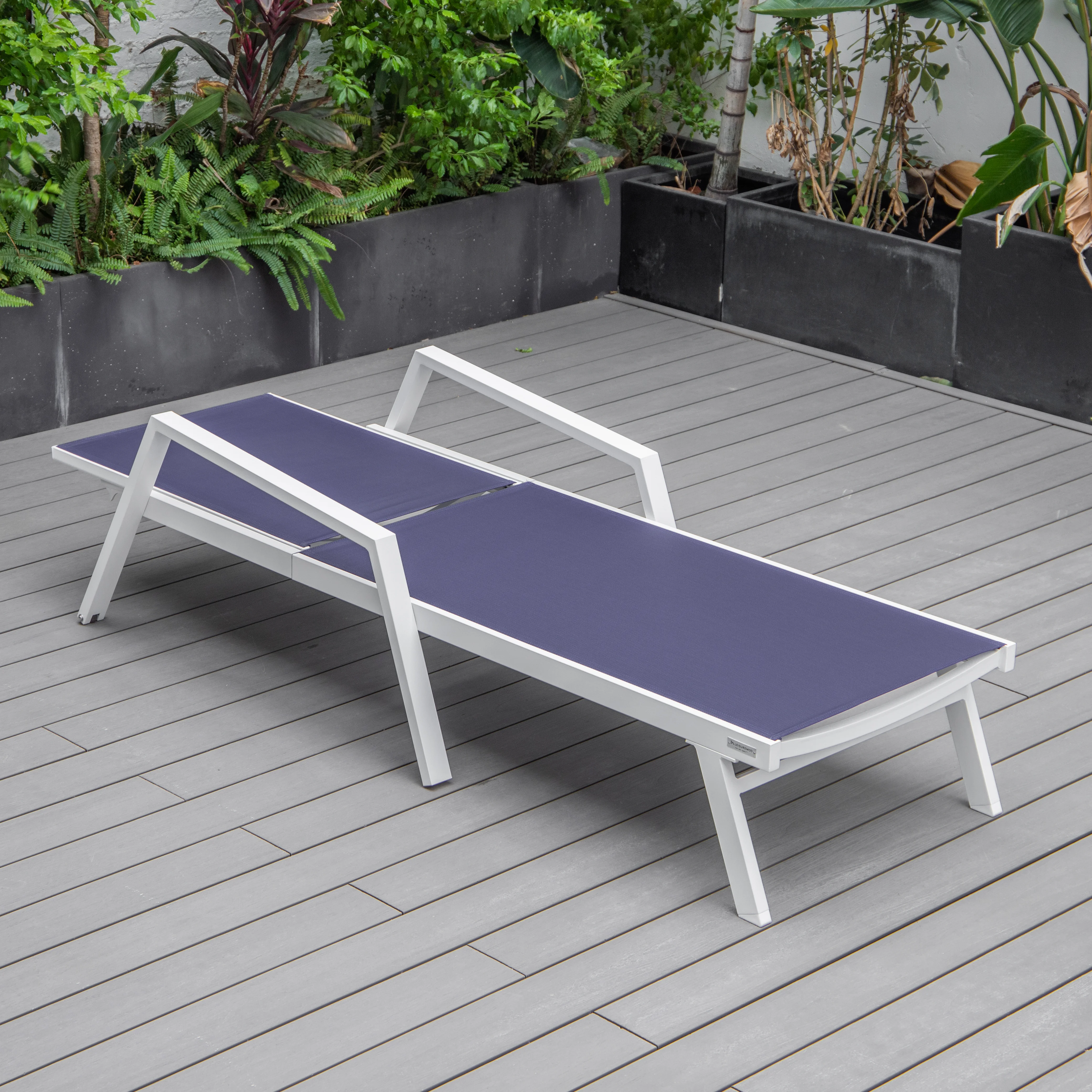 Marlin Modern White Aluminum Outdoor Patio Chaise Lounge Chair With Arms and Square Fire Pit Side Table Perfect for Patio, Lawn, and Garden