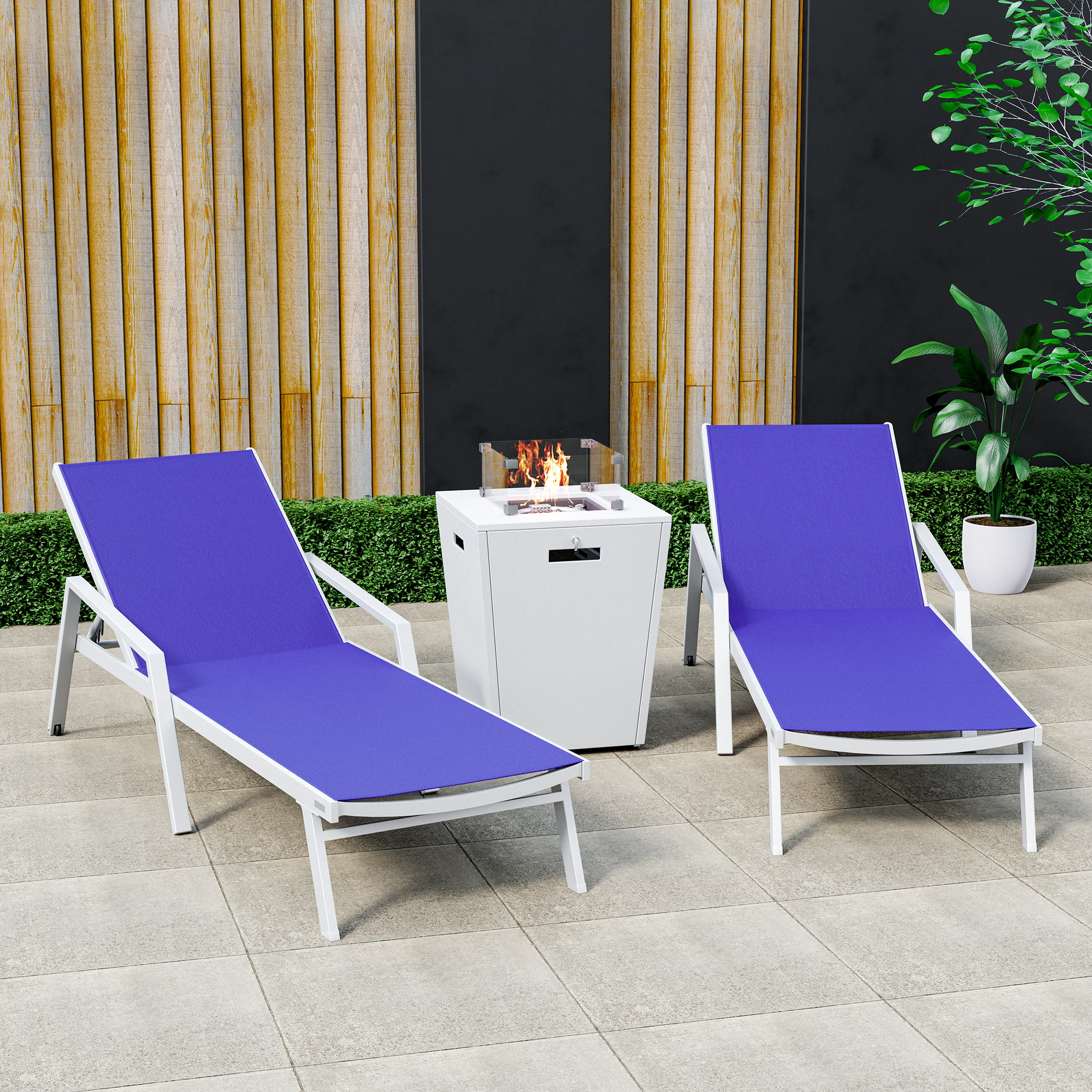 Marlin Modern Aluminum Outdoor Patio Chaise Lounge Chair With Arms Set of 2 with Square Fire Pit Side Table Perfect for Patio, Lawn, and Garden