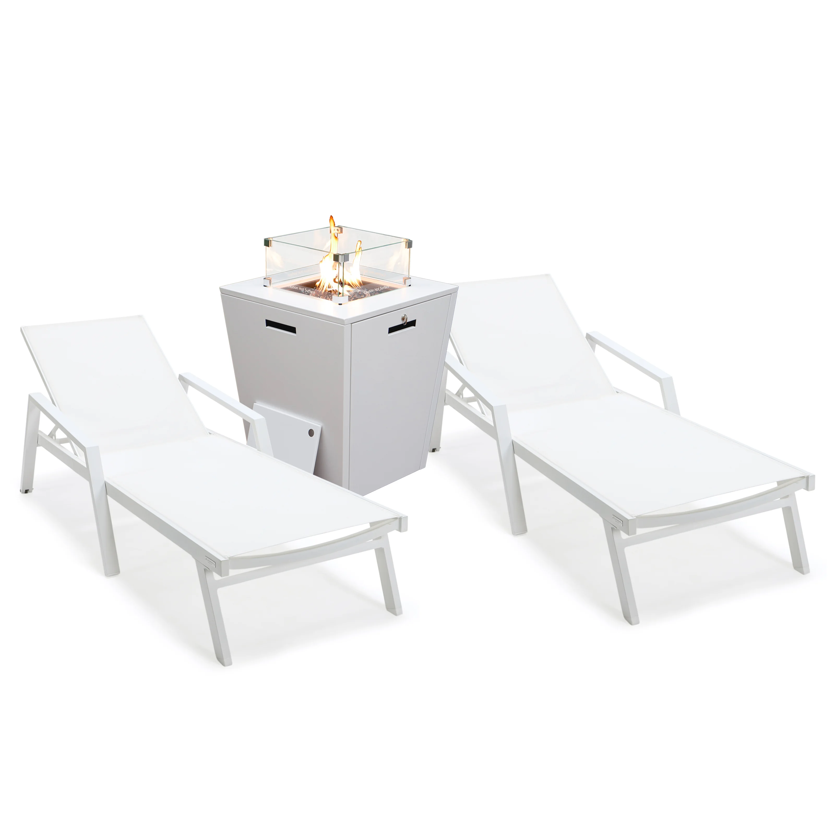 Marlin Modern Aluminum Outdoor Patio Chaise Lounge Chair With Arms Set of 2 with Square Fire Pit Side Table Perfect for Patio, Lawn, and Garden