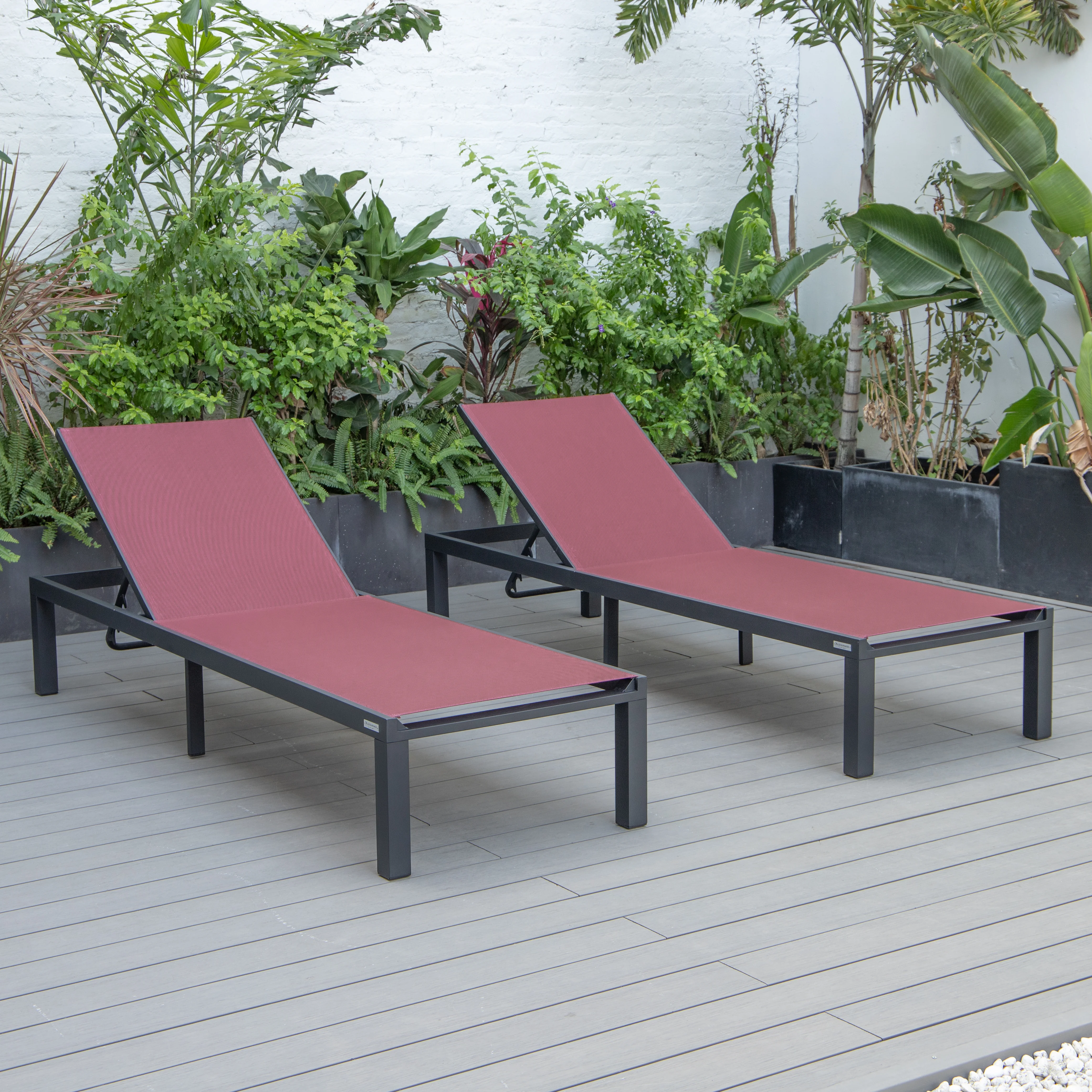 Marlin Patio Chaise Lounge Chair With Black Aluminum Frame, Set of 2 in Burgundy