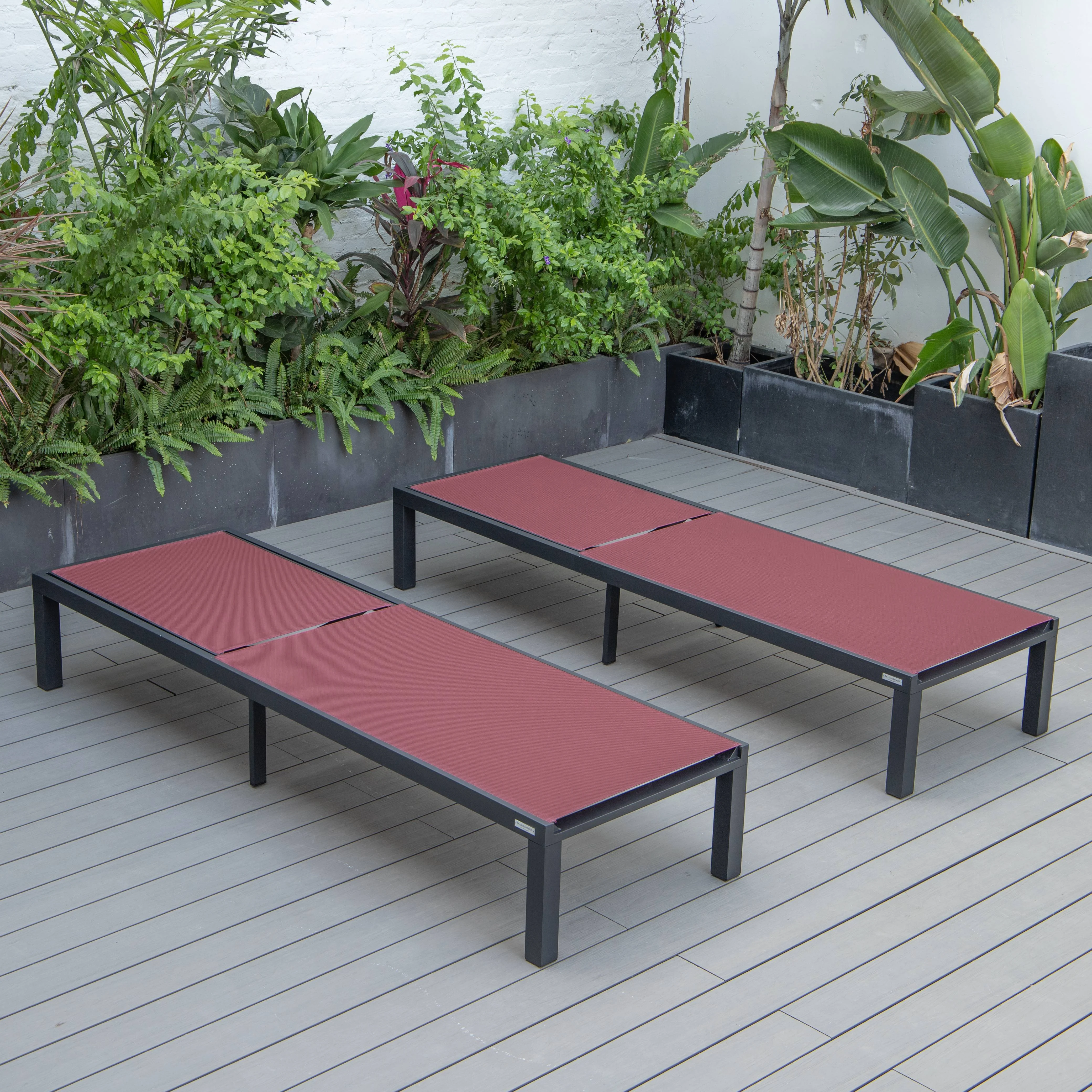 Marlin Patio Chaise Lounge Chair With Black Aluminum Frame, Set of 2 in Burgundy