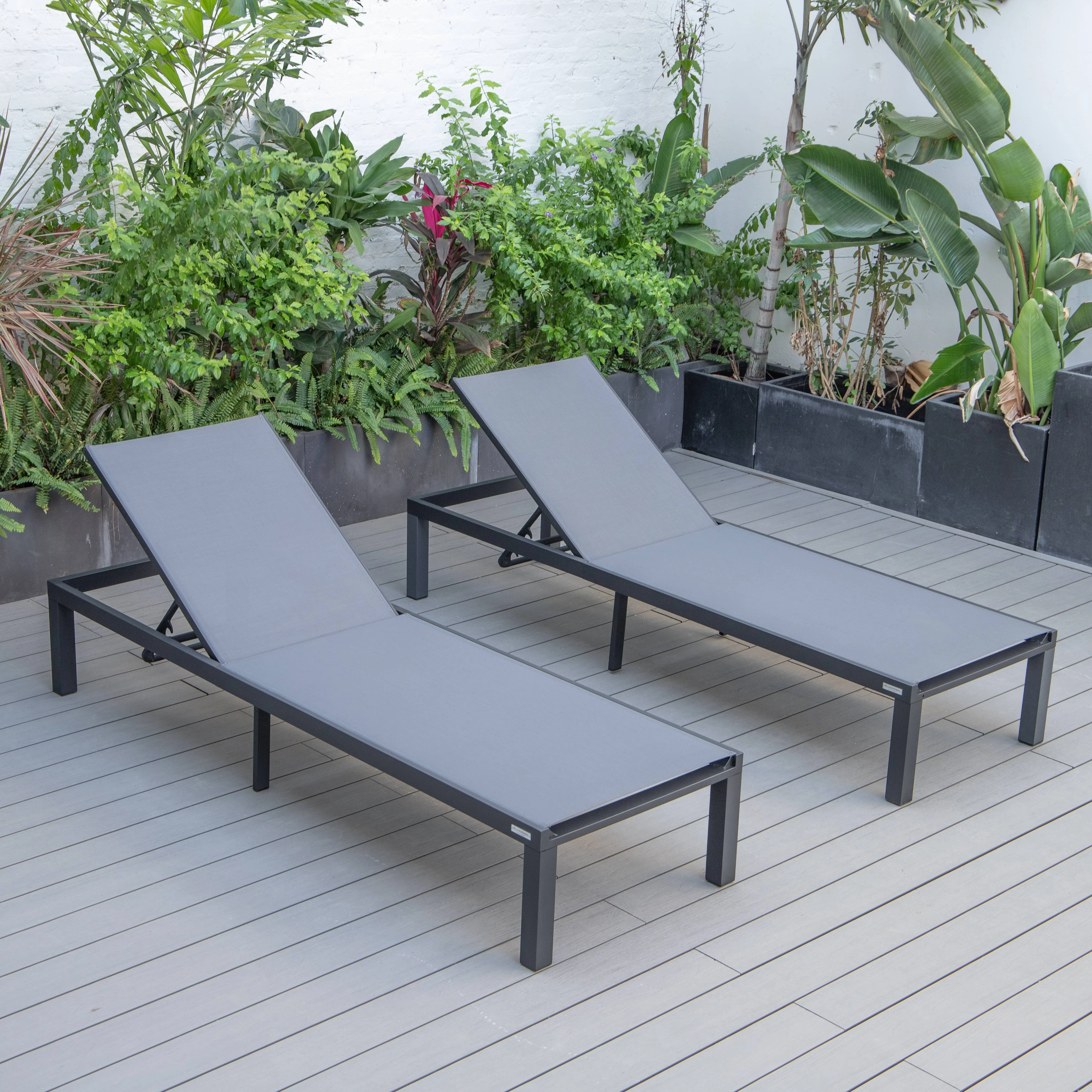Marlin Patio Chaise Lounge Chair With Black Aluminum Frame, Set of 2 in Dark Grey