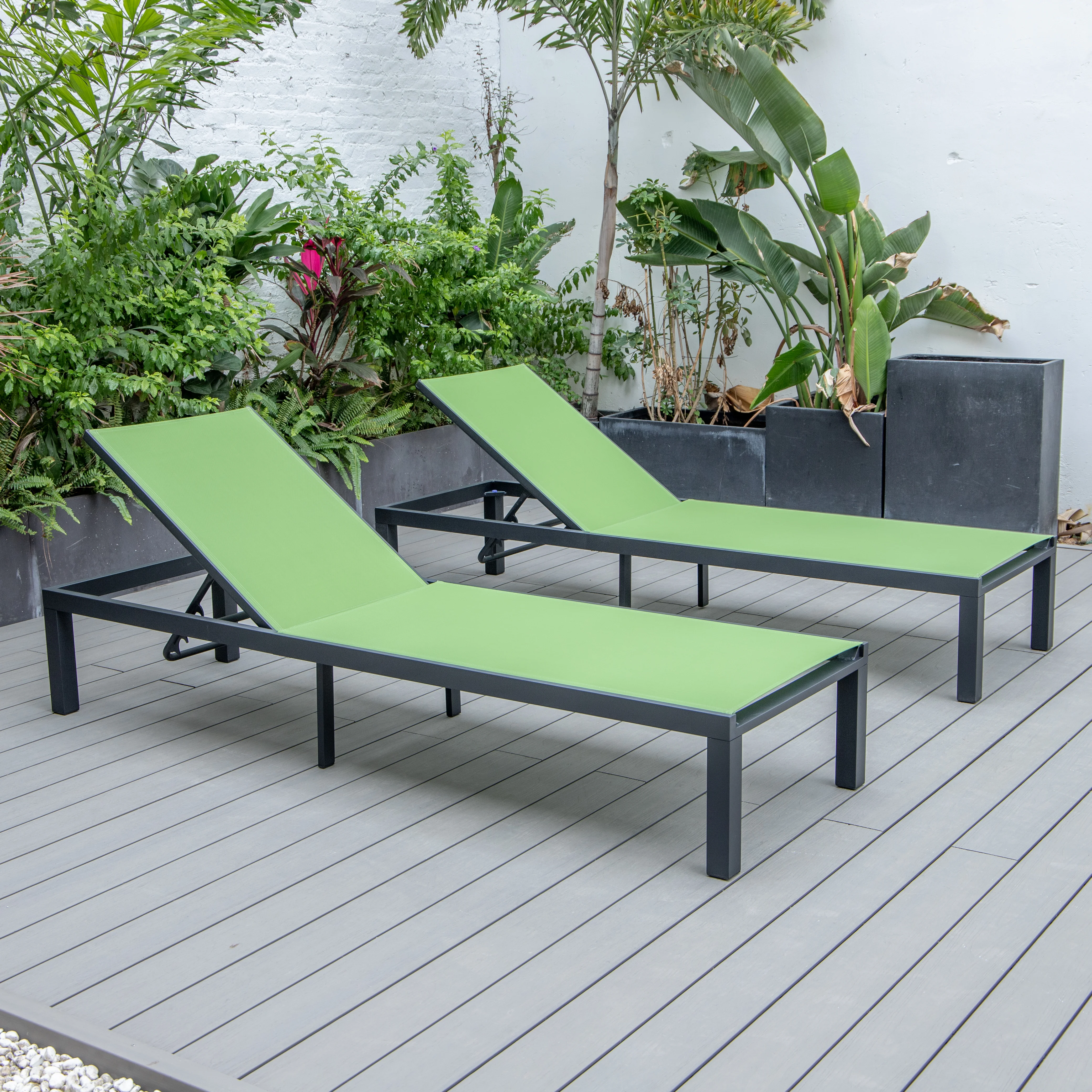 Marlin Patio Chaise Lounge Chair With Black Aluminum Frame, Set of 2 in Green