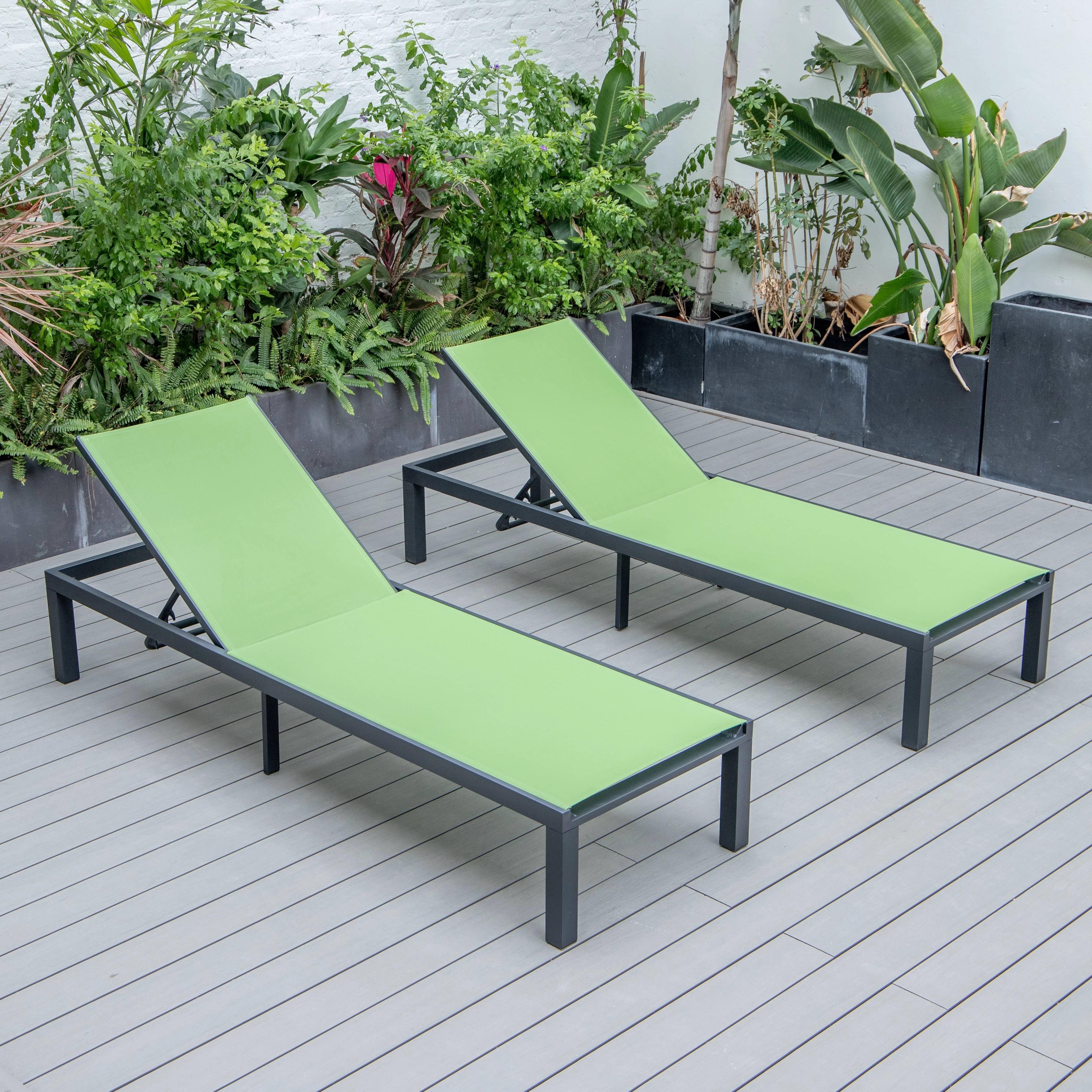 Marlin Patio Chaise Lounge Chair With Black Aluminum Frame, Set of 2 in Green