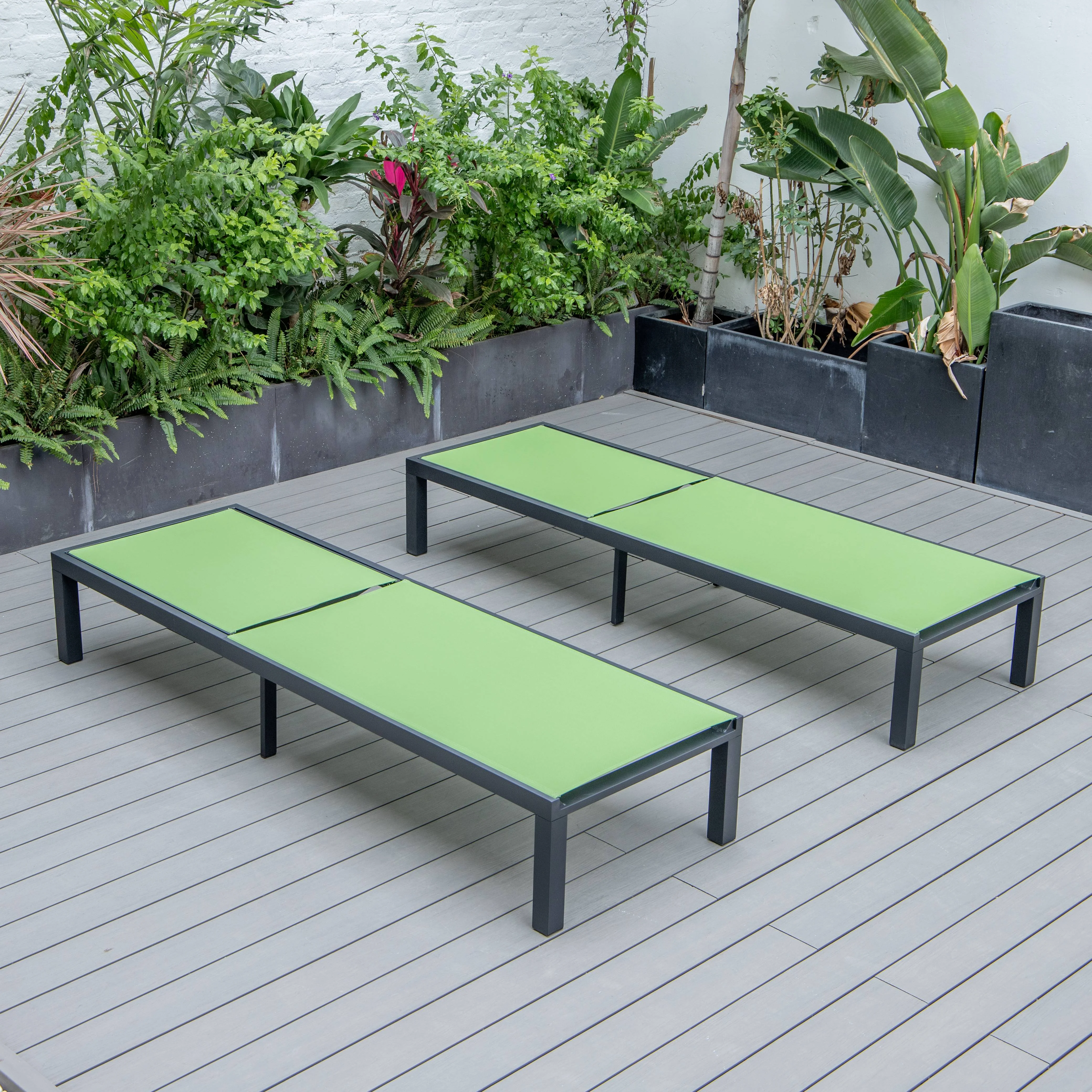 Marlin Patio Chaise Lounge Chair With Black Aluminum Frame, Set of 2 in Green