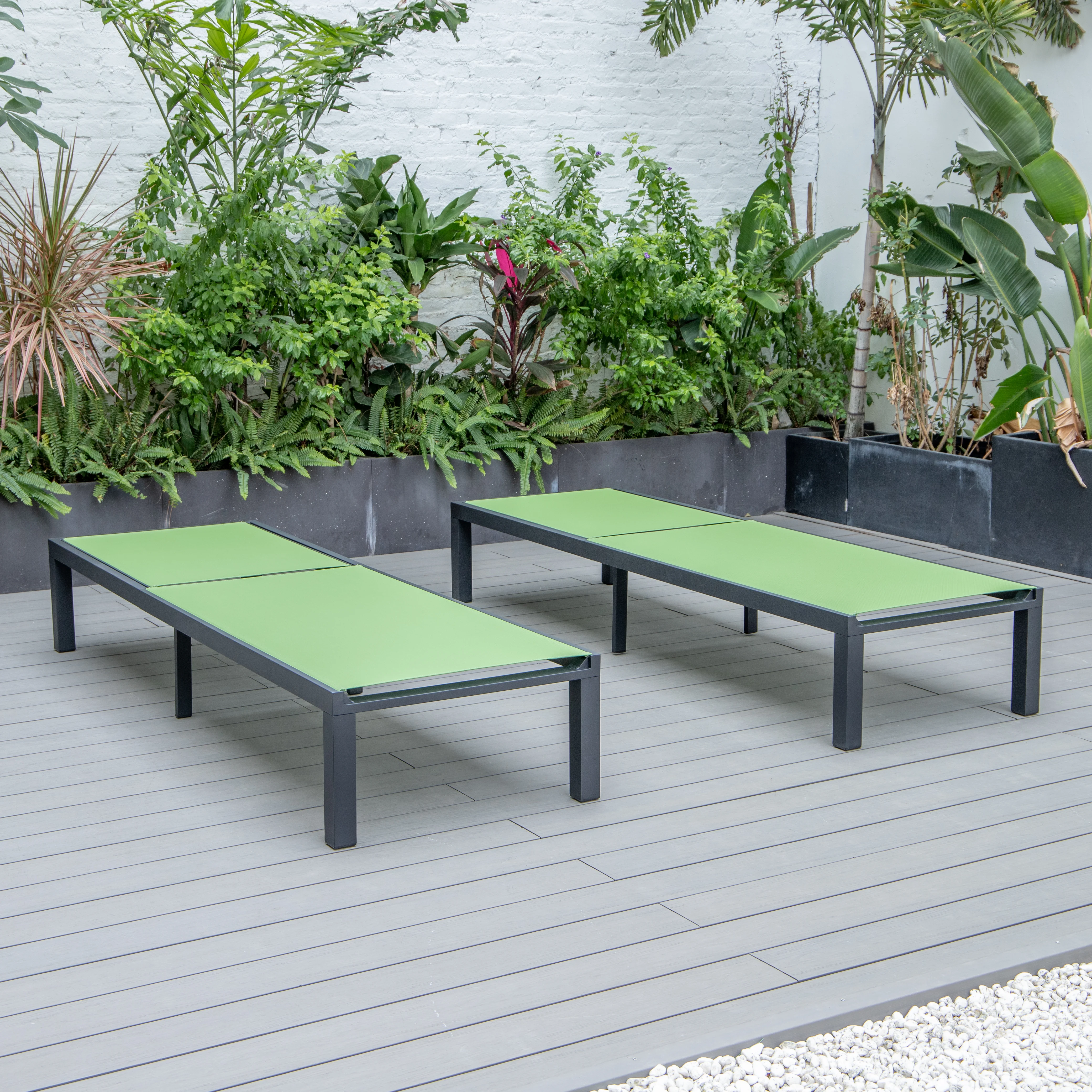 Marlin Patio Chaise Lounge Chair With Black Aluminum Frame, Set of 2 in Green