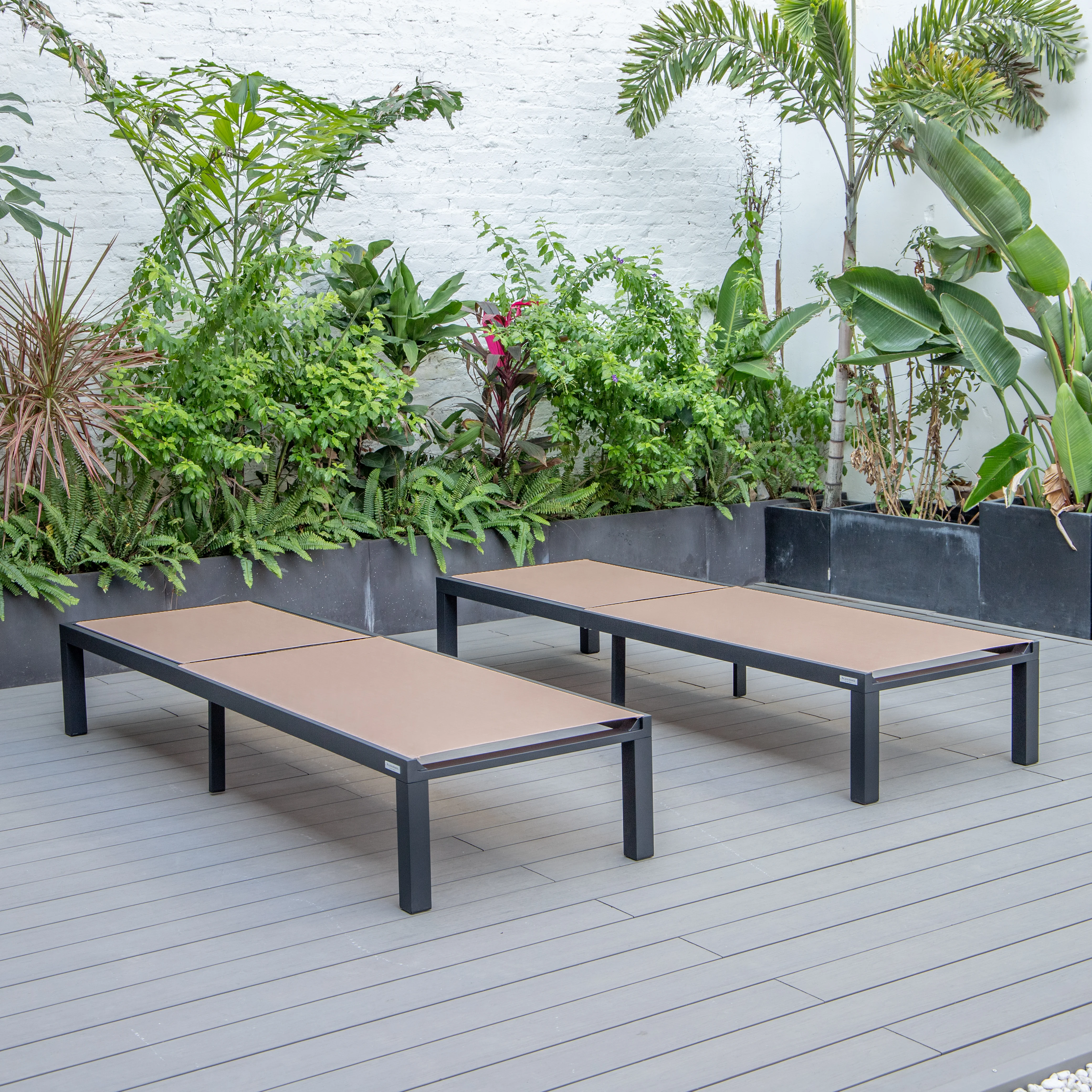 Marlin Patio Chaise Lounge Chair With Black Aluminum Frame, Set of 2 in Light Brown