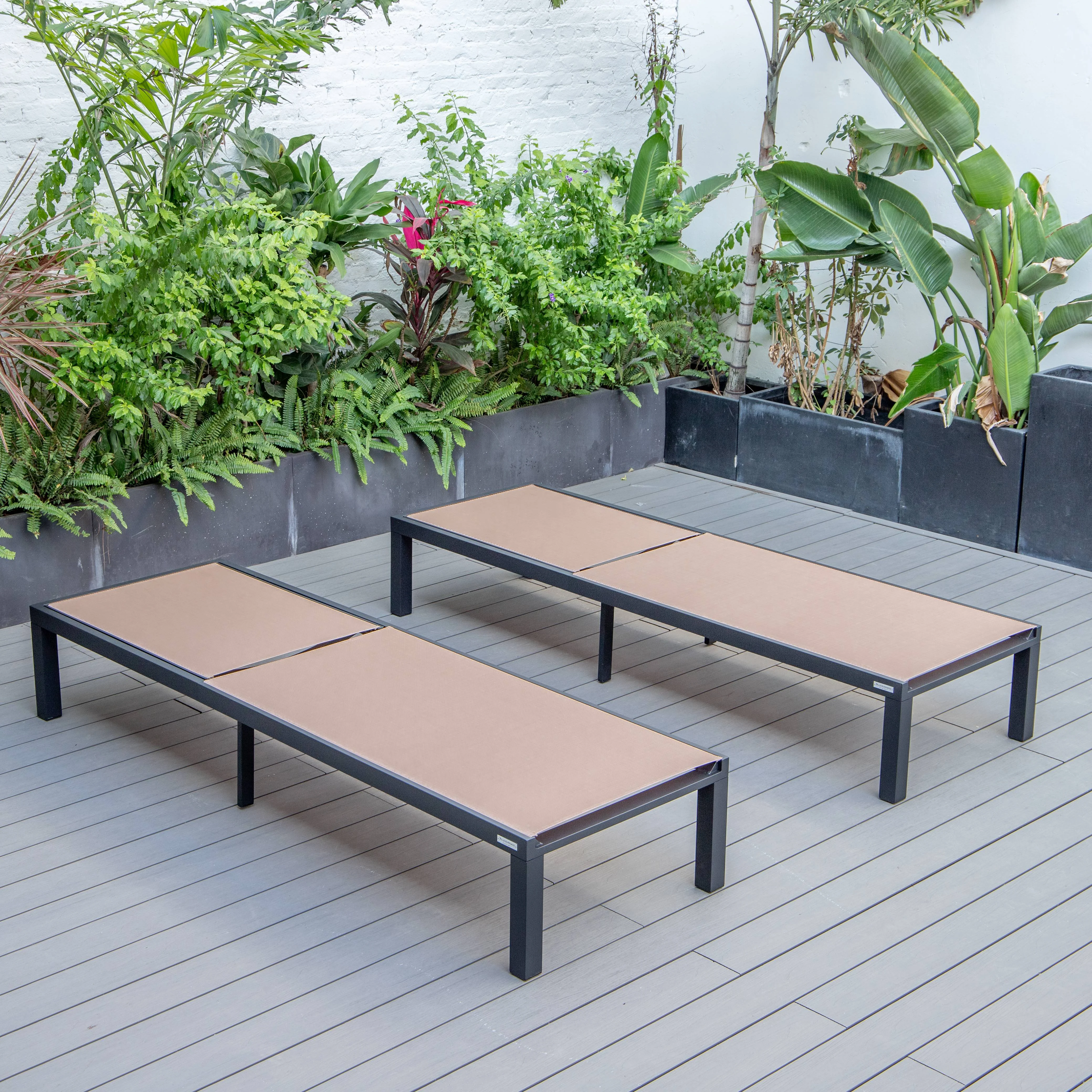 Marlin Patio Chaise Lounge Chair With Black Aluminum Frame, Set of 2 in Light Brown