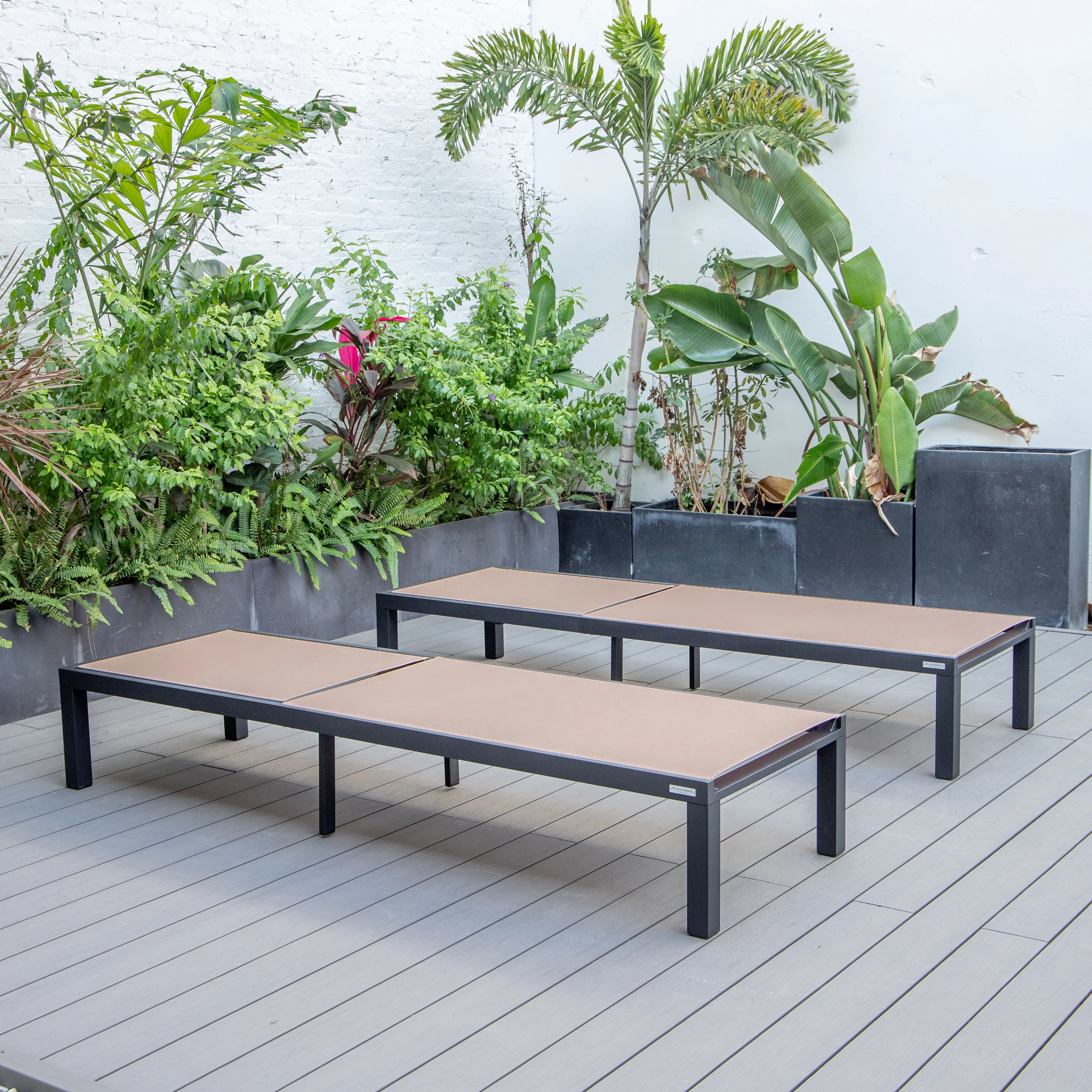 Marlin Patio Chaise Lounge Chair With Black Aluminum Frame, Set of 2 in Light Brown