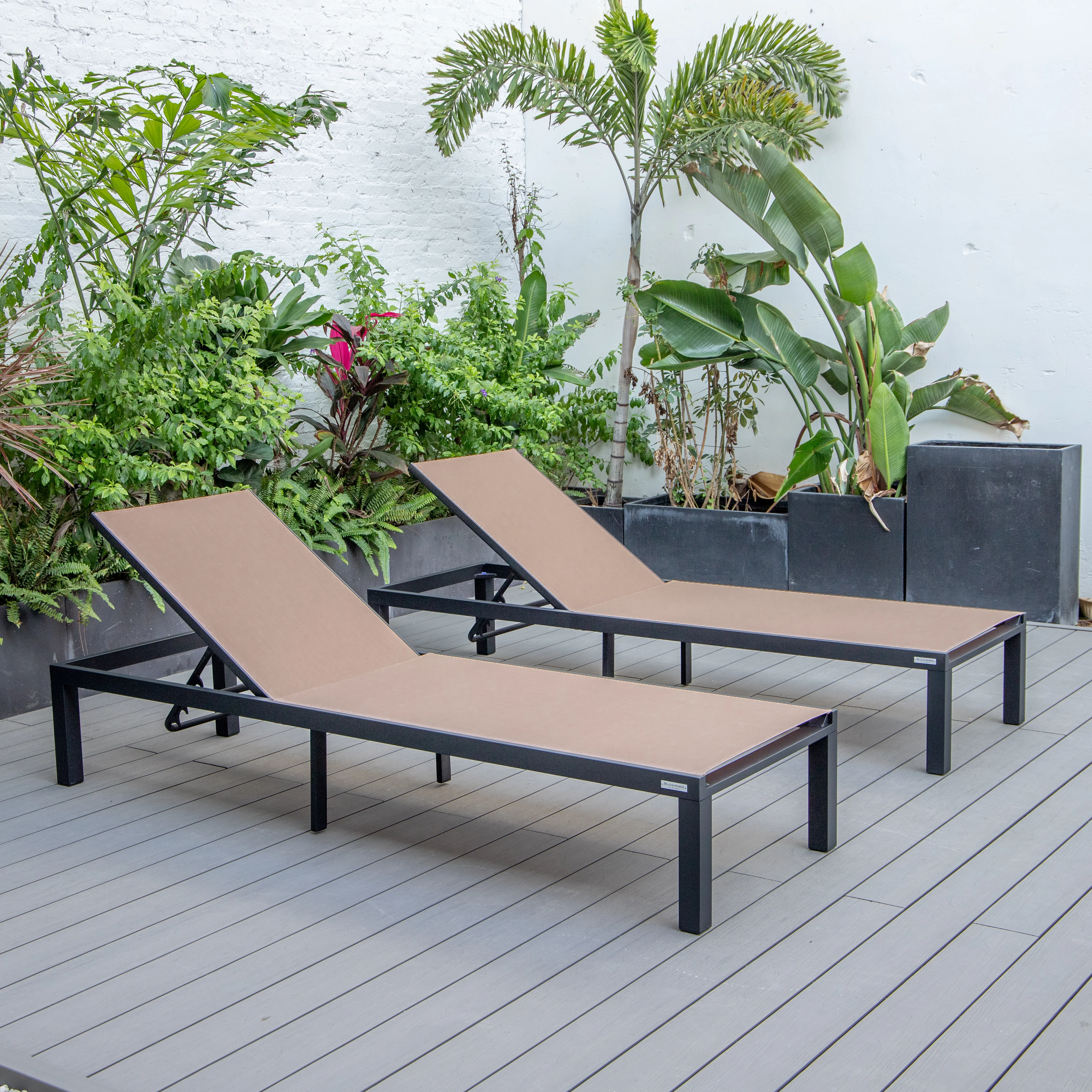 Marlin Patio Chaise Lounge Chair With Black Aluminum Frame, Set of 2 in Light Brown