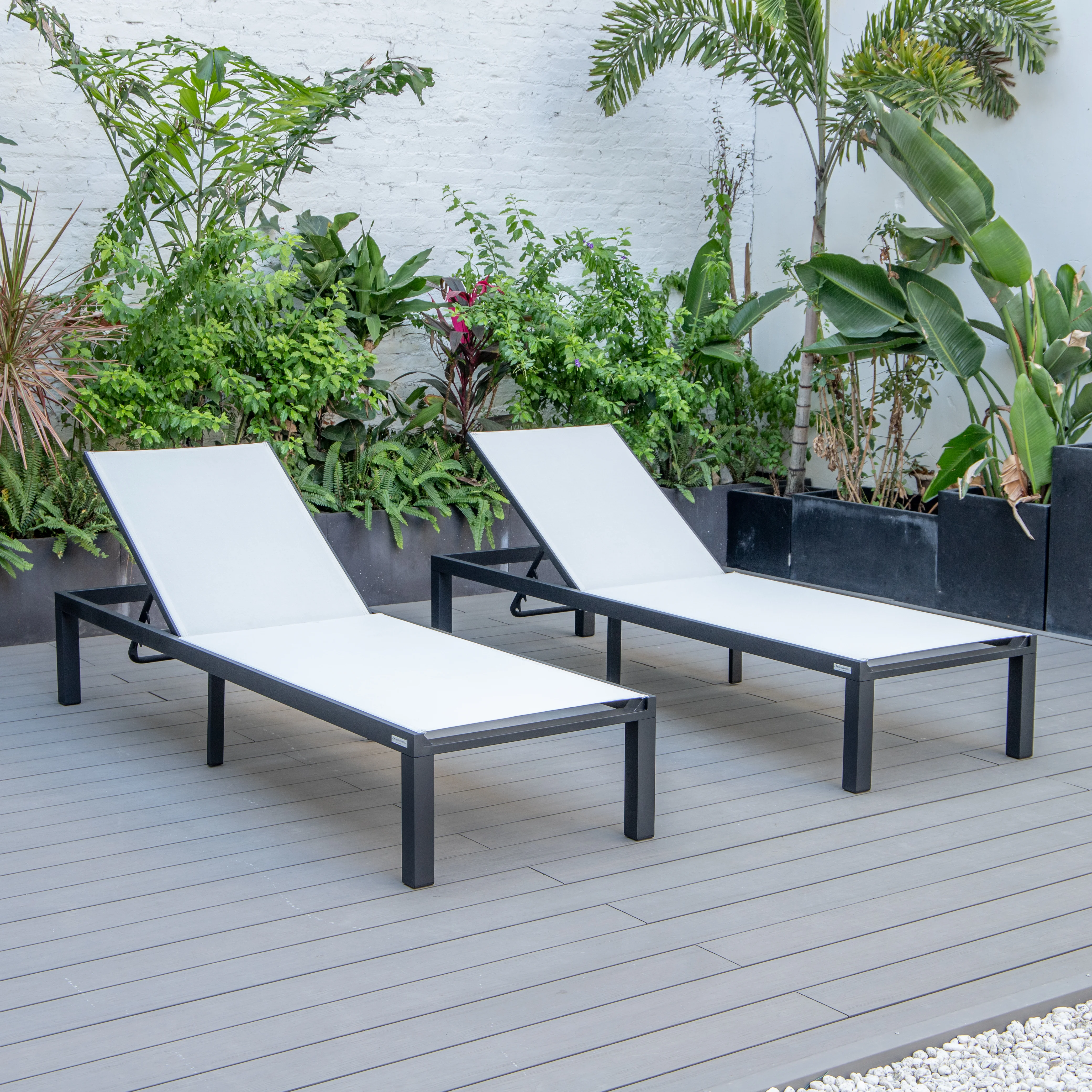 Marlin Patio Chaise Lounge Chair With Black Aluminum Frame, Set of 2 in White