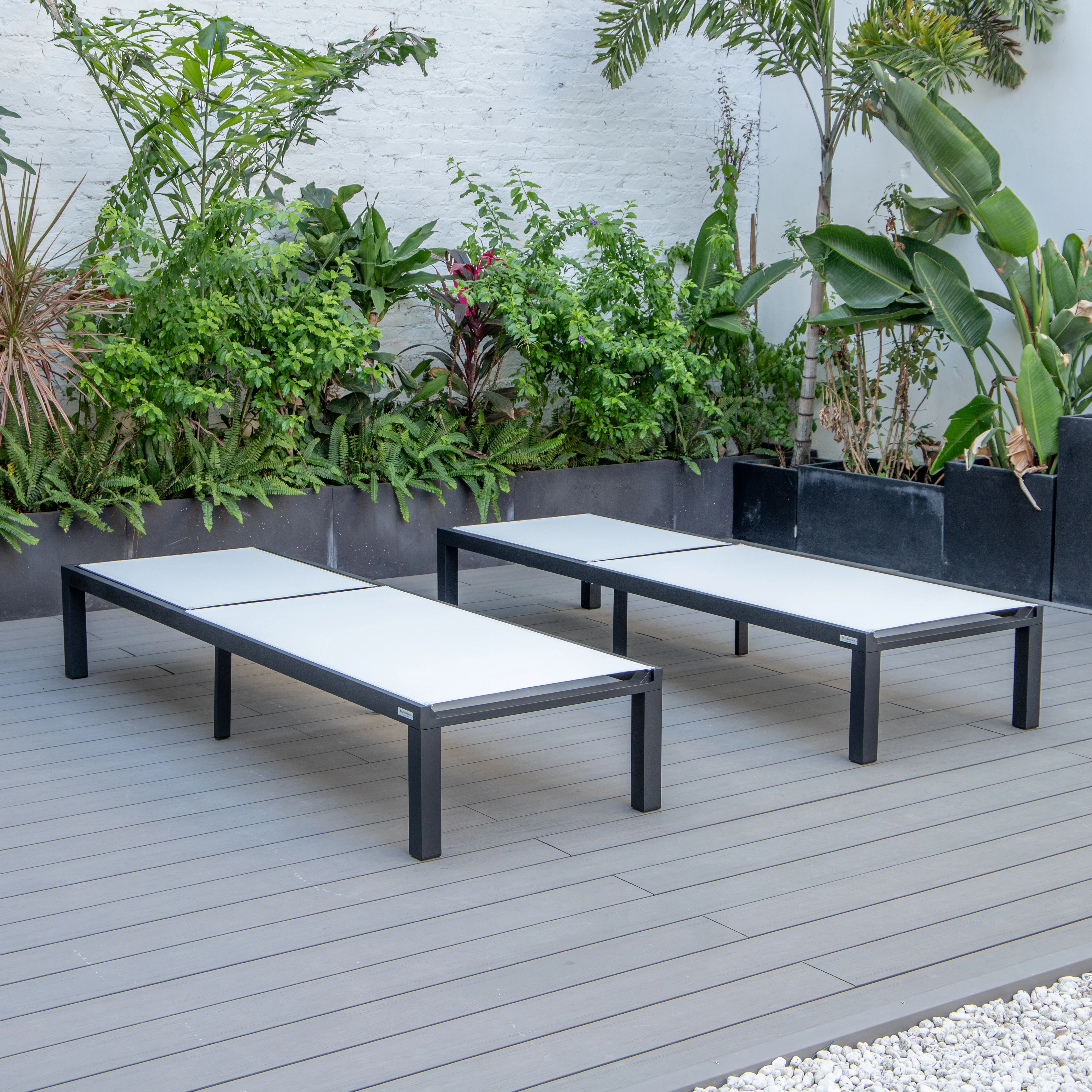 Marlin Patio Chaise Lounge Chair With Black Aluminum Frame, Set of 2 in White