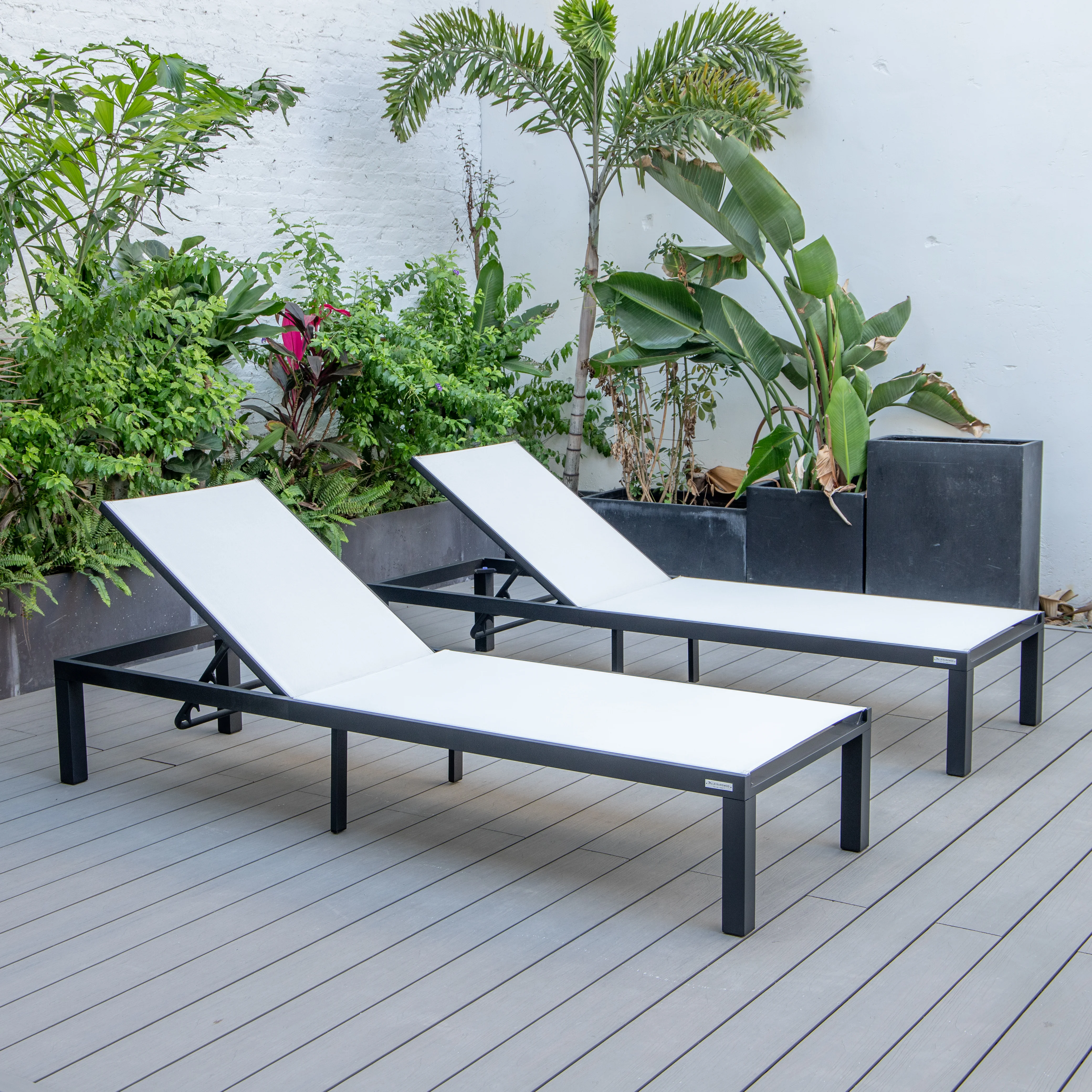 Marlin Patio Chaise Lounge Chair With Black Aluminum Frame, Set of 2 in White