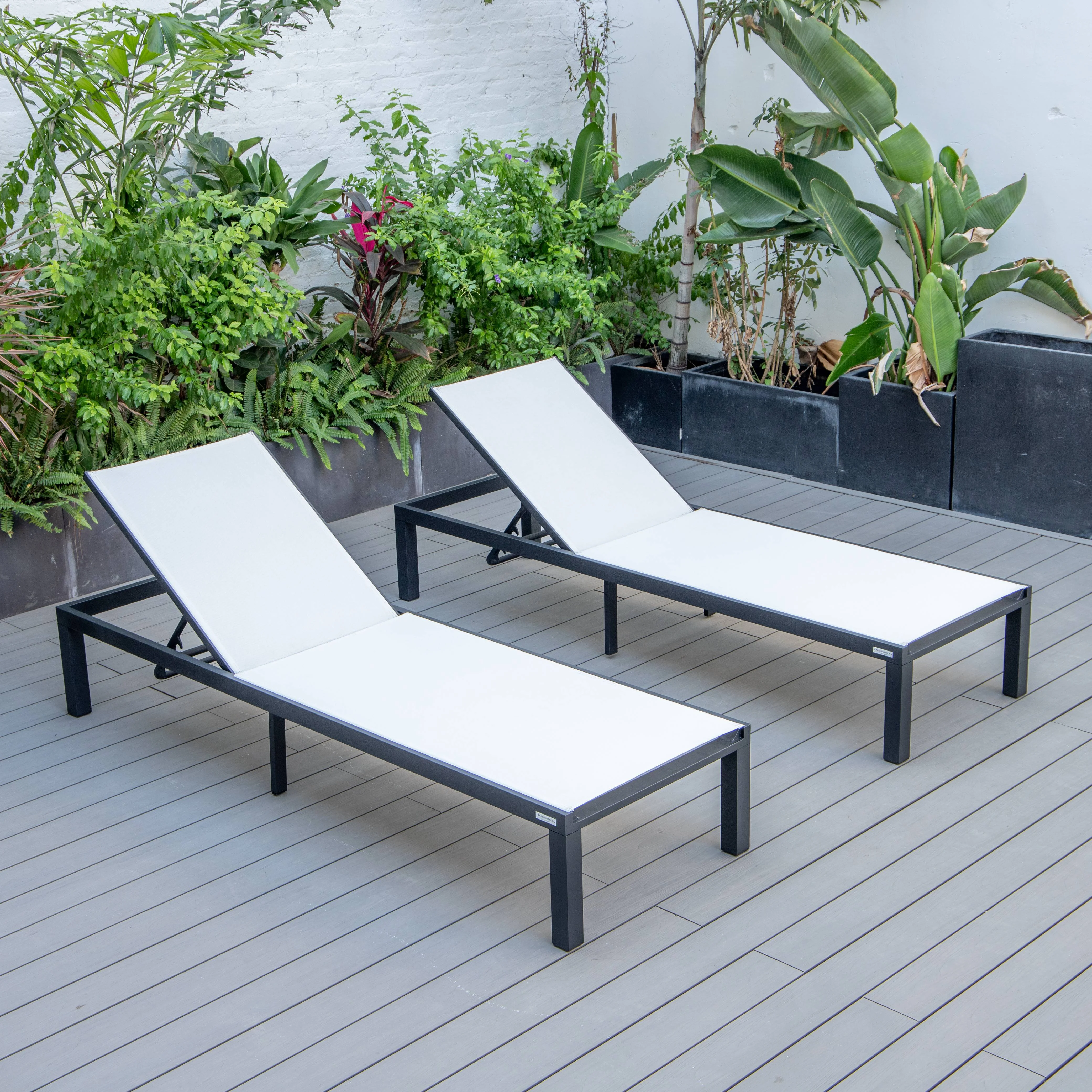 Marlin Patio Chaise Lounge Chair With Black Aluminum Frame, Set of 2 in White