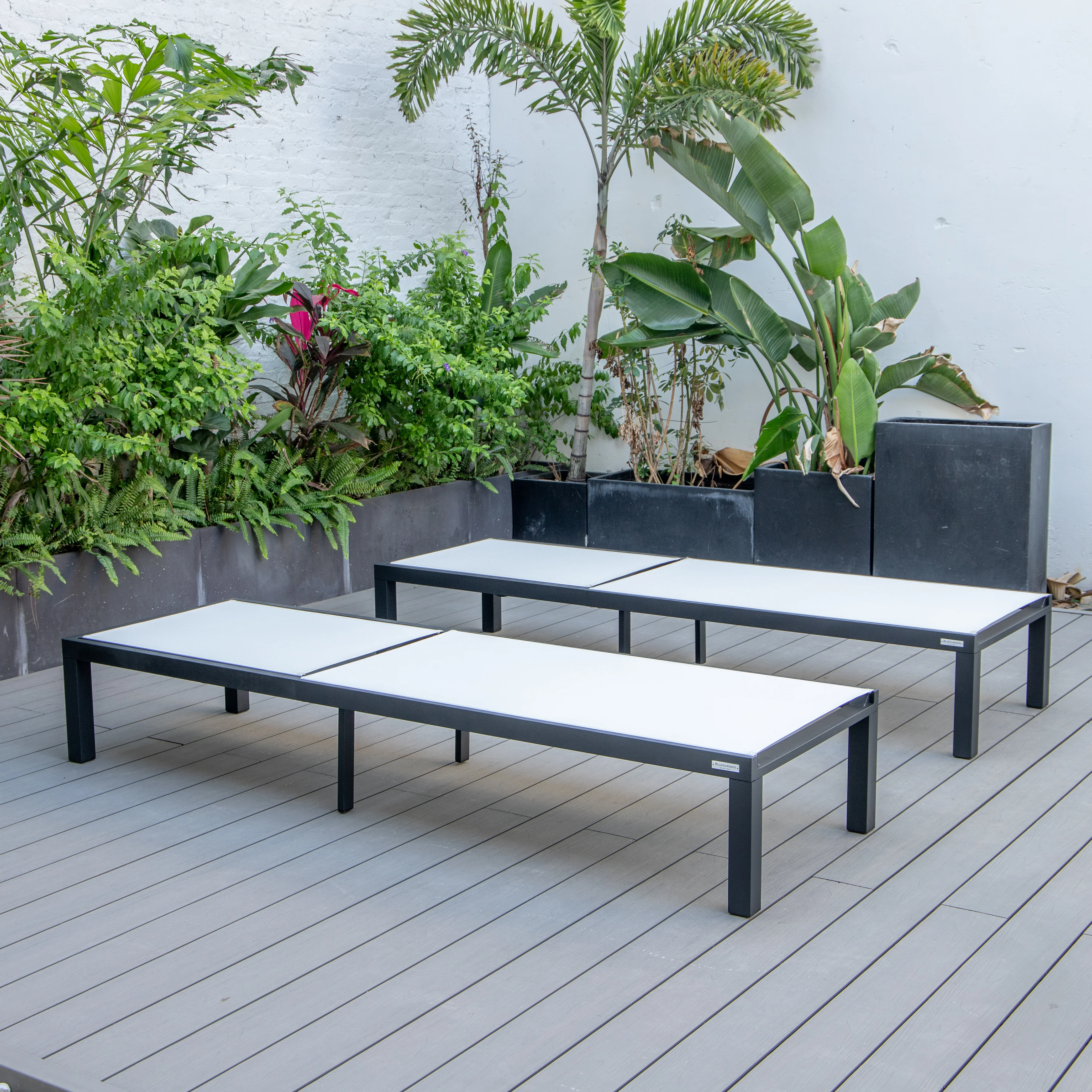 Marlin Patio Chaise Lounge Chair With Black Aluminum Frame, Set of 2 in White