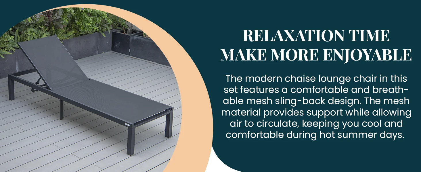 Marlin Modern Aluminum Outdoor Patio Chaise Lounge Chair Set of 2 with Square Fire Pit Side Table Perfect for Patio, Lawn, and Garden