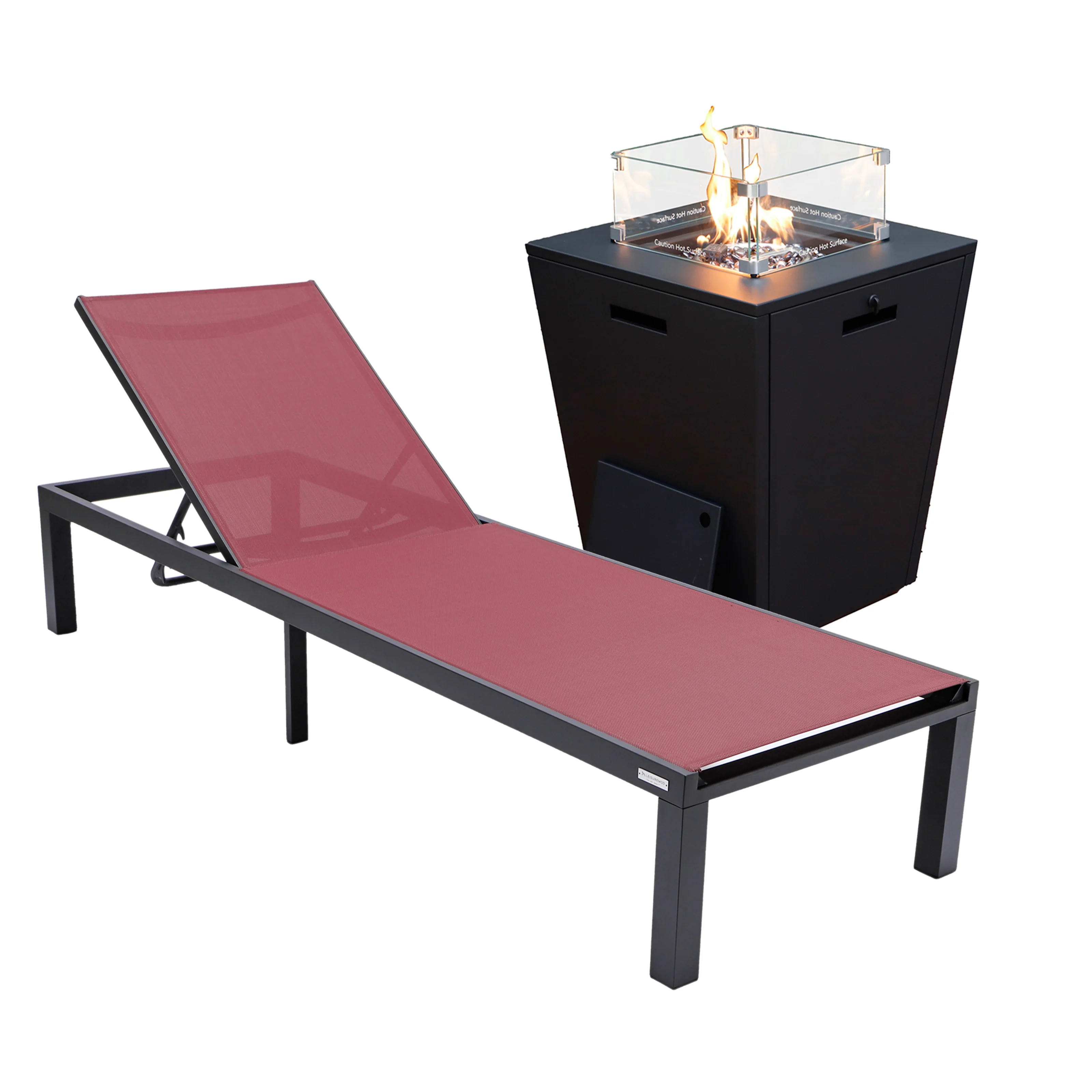 Marlin Modern Black Aluminum Outdoor Patio Chaise Lounge Chair with Square Fire Pit Side Table Perfect for Patio, Lawn, and Garden