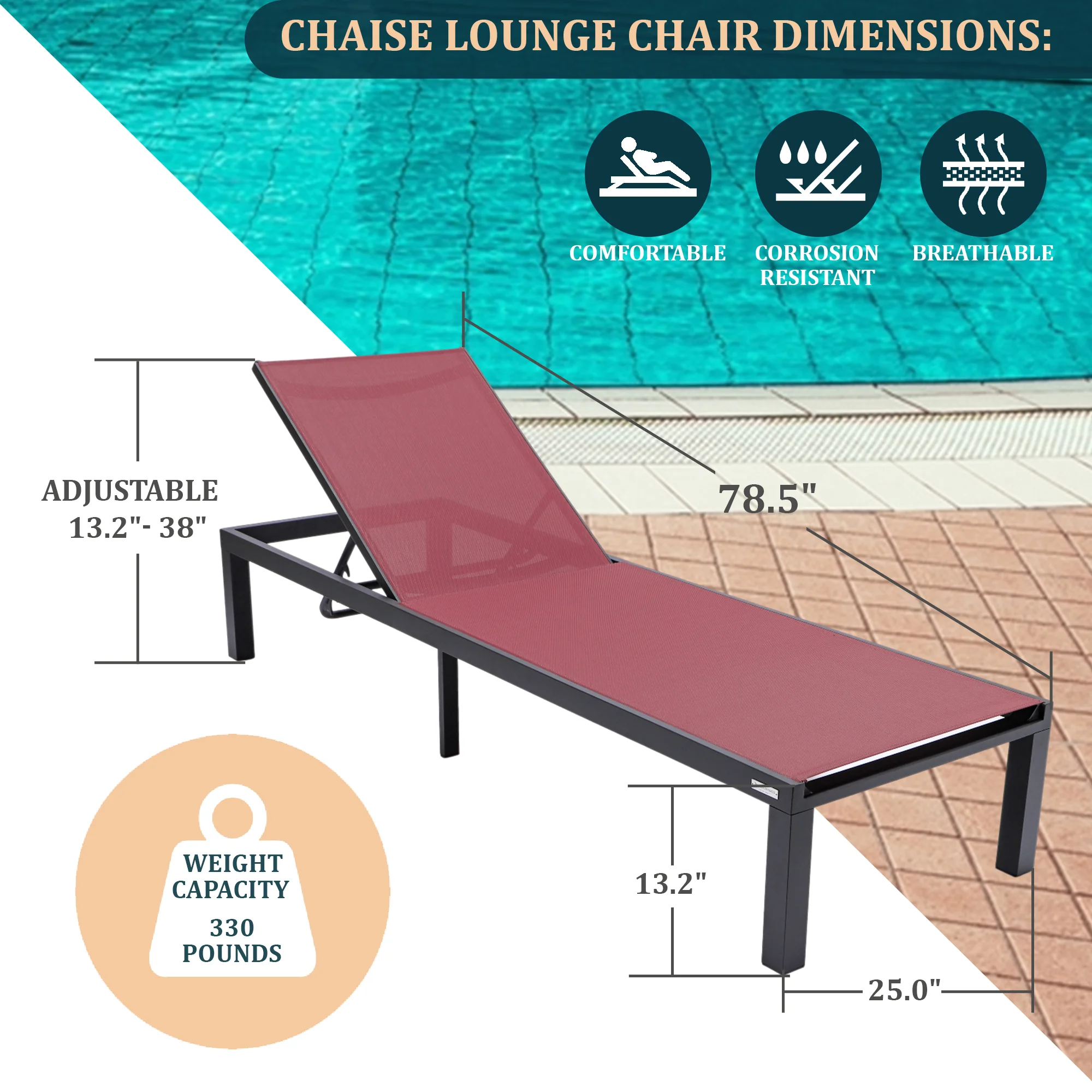 Marlin Modern Black Aluminum Outdoor Patio Chaise Lounge Chair with Square Fire Pit Side Table Perfect for Patio, Lawn, and Garden