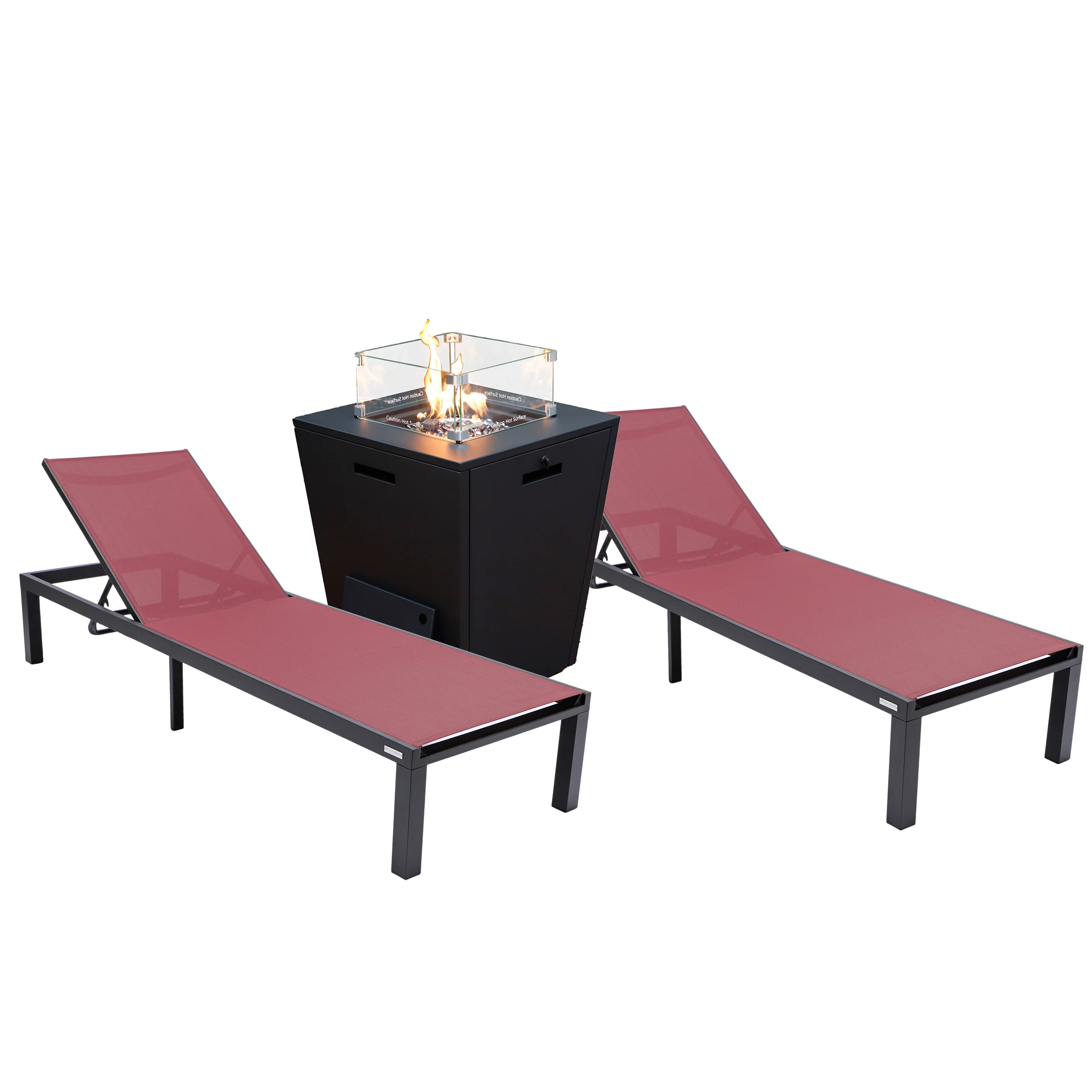 Marlin Modern Aluminum Outdoor Patio Chaise Lounge Chair Set of 2 with Square Fire Pit Side Table Perfect for Patio, Lawn, and Garden