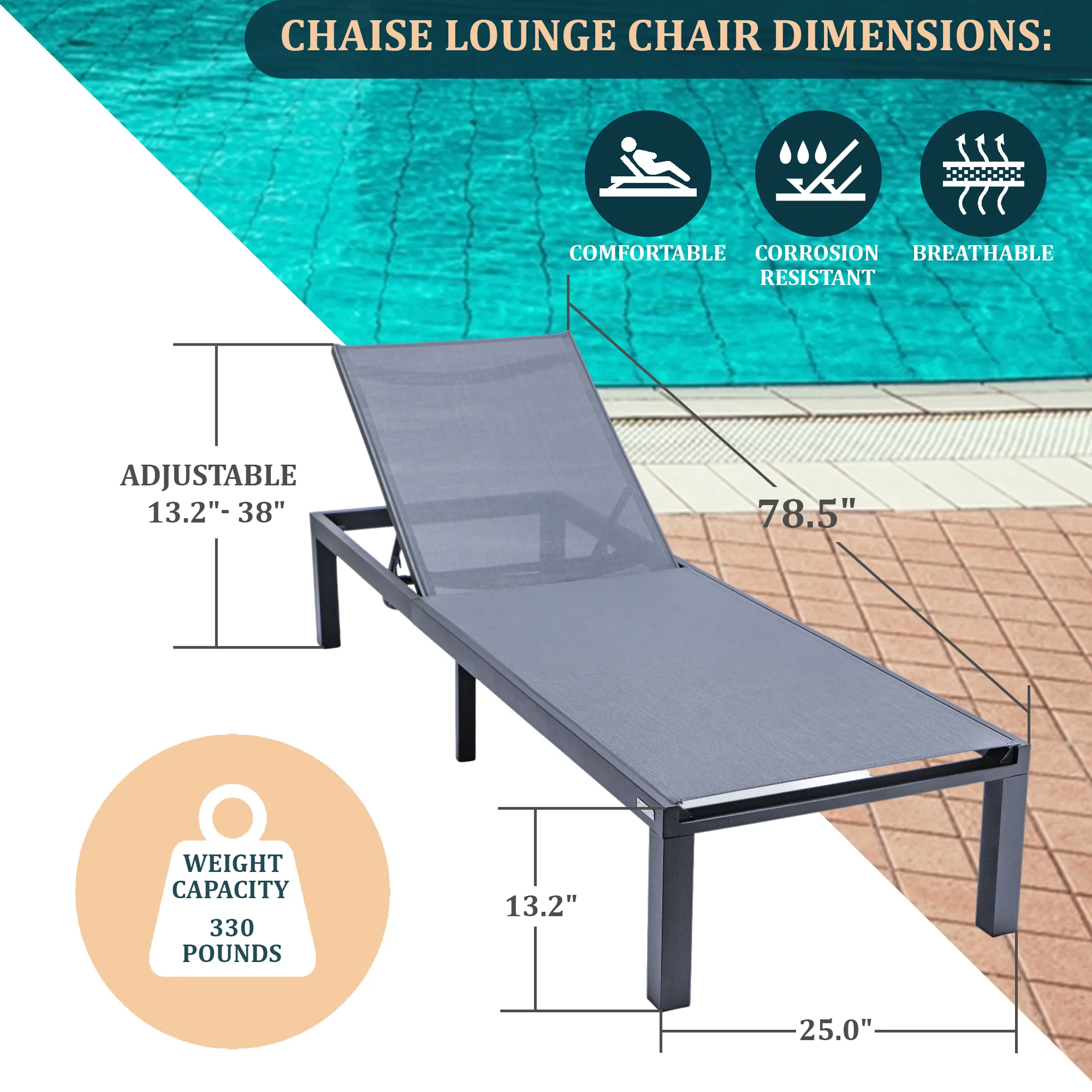 Marlin Modern Black Aluminum Outdoor Patio Chaise Lounge Chair with Square Fire Pit Side Table Perfect for Patio, Lawn, and Garden