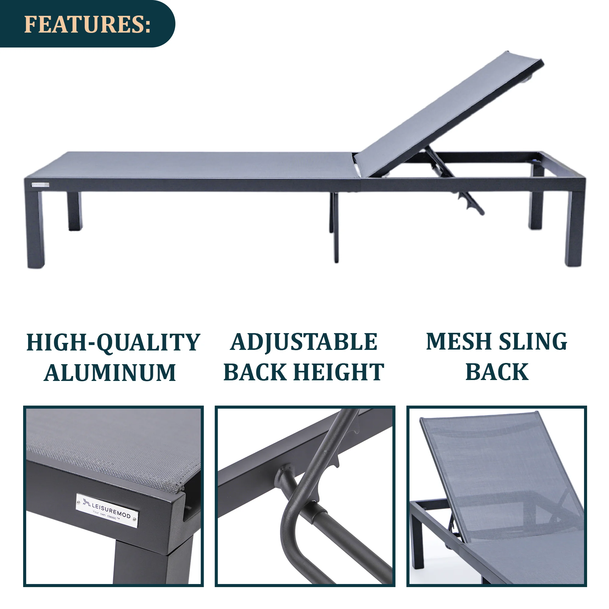 Marlin Modern Black Aluminum Outdoor Patio Chaise Lounge Chair with Square Fire Pit Side Table Perfect for Patio, Lawn, and Garden