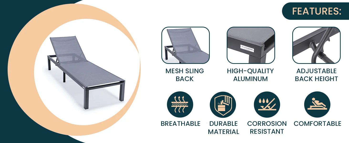 Marlin Modern Aluminum Outdoor Patio Chaise Lounge Chair Set of 2 with Square Fire Pit Side Table Perfect for Patio, Lawn, and Garden