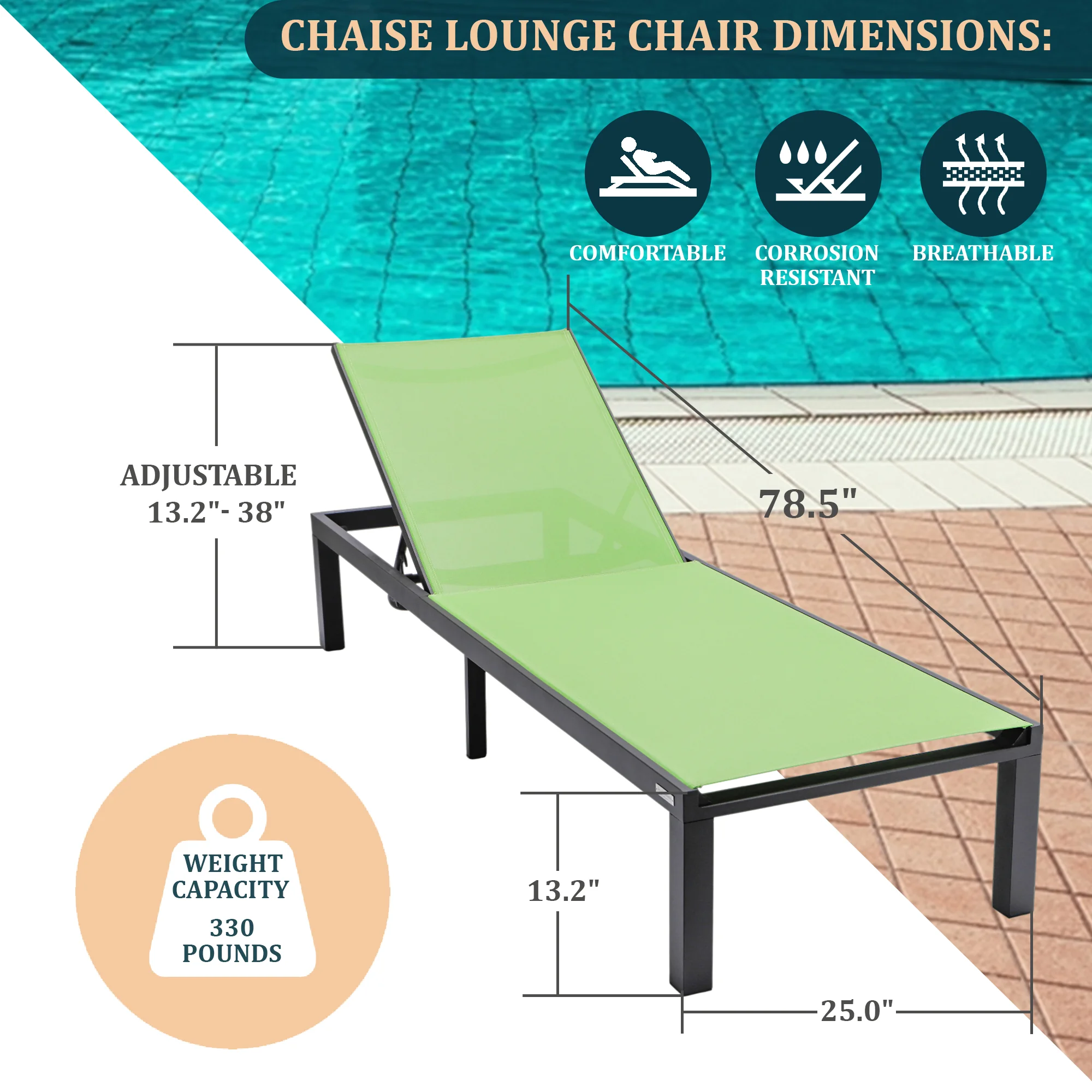 Marlin Modern Black Aluminum Outdoor Patio Chaise Lounge Chair with Square Fire Pit Side Table Perfect for Patio, Lawn, and Garden