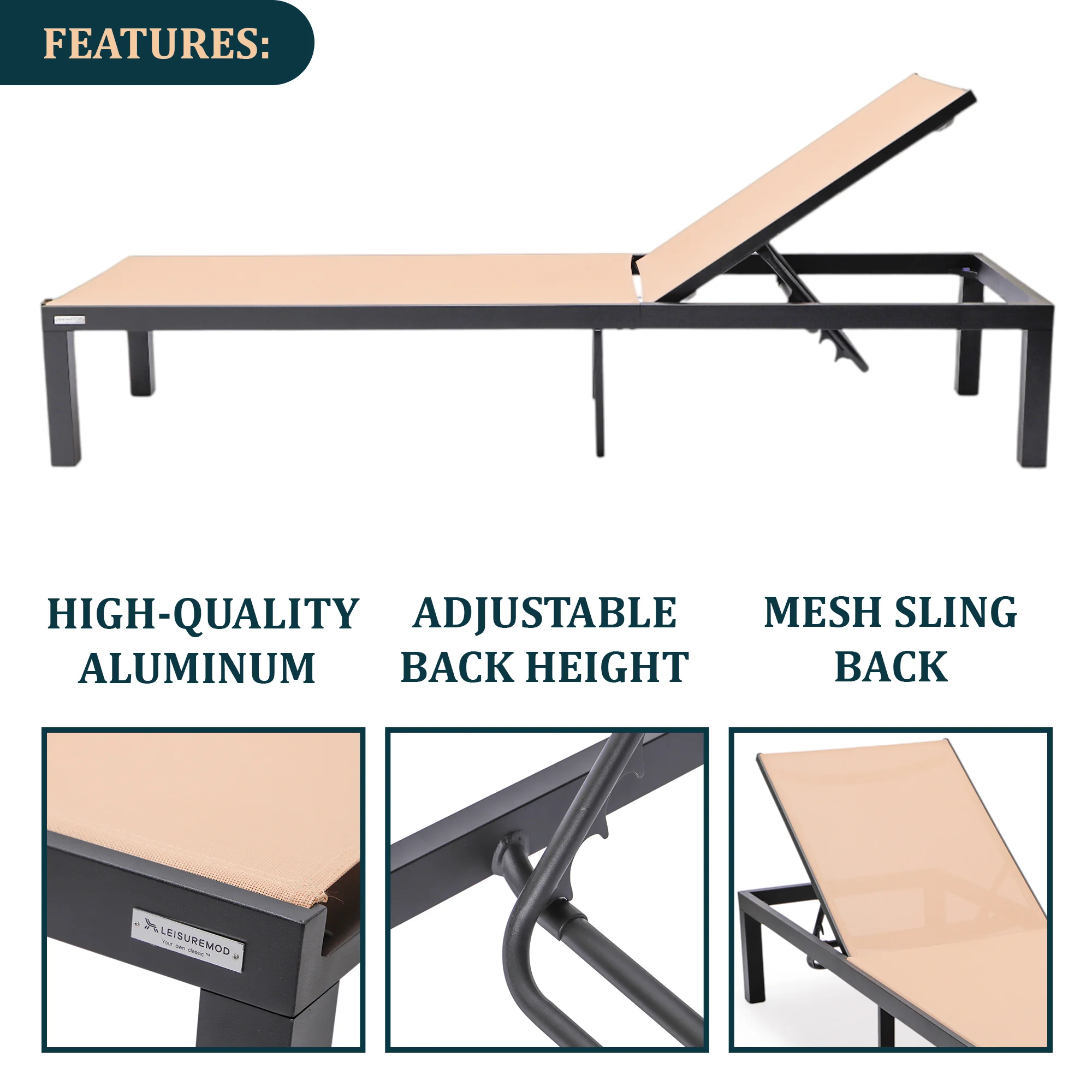 Marlin Modern Black Aluminum Outdoor Patio Chaise Lounge Chair with Square Fire Pit Side Table Perfect for Patio, Lawn, and Garden