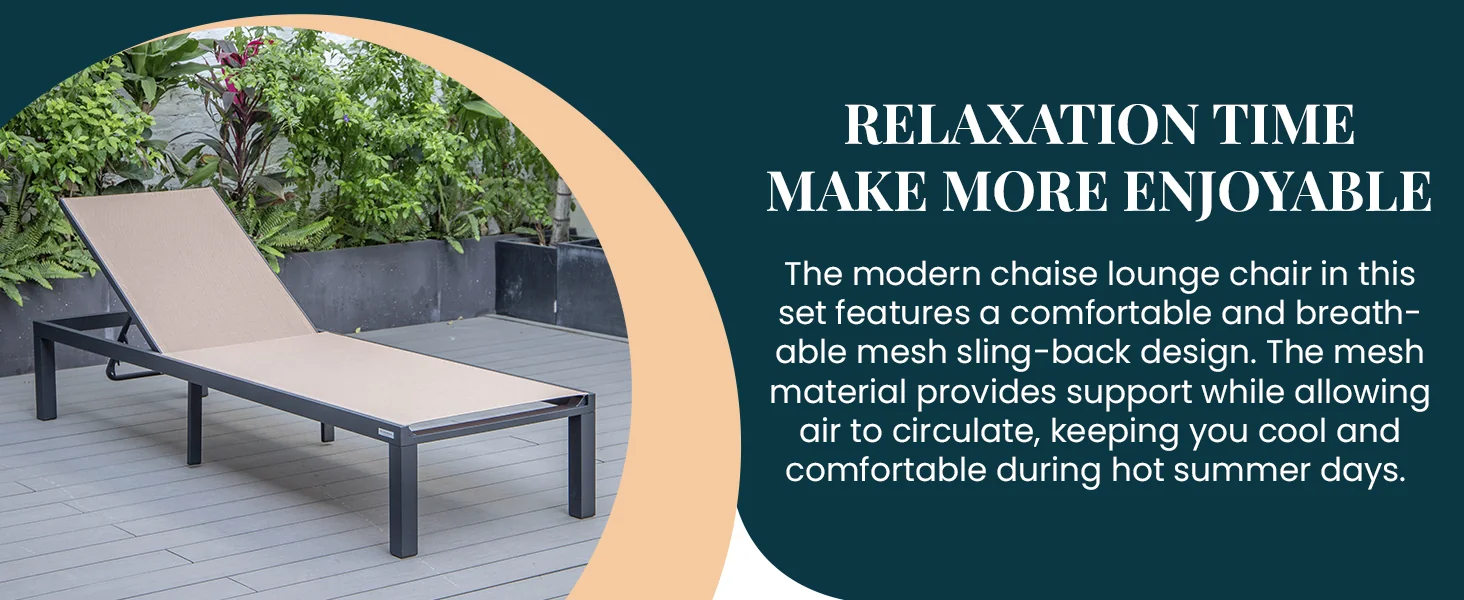 Marlin Modern Aluminum Outdoor Patio Chaise Lounge Chair Set of 2 with Square Fire Pit Side Table Perfect for Patio, Lawn, and Garden