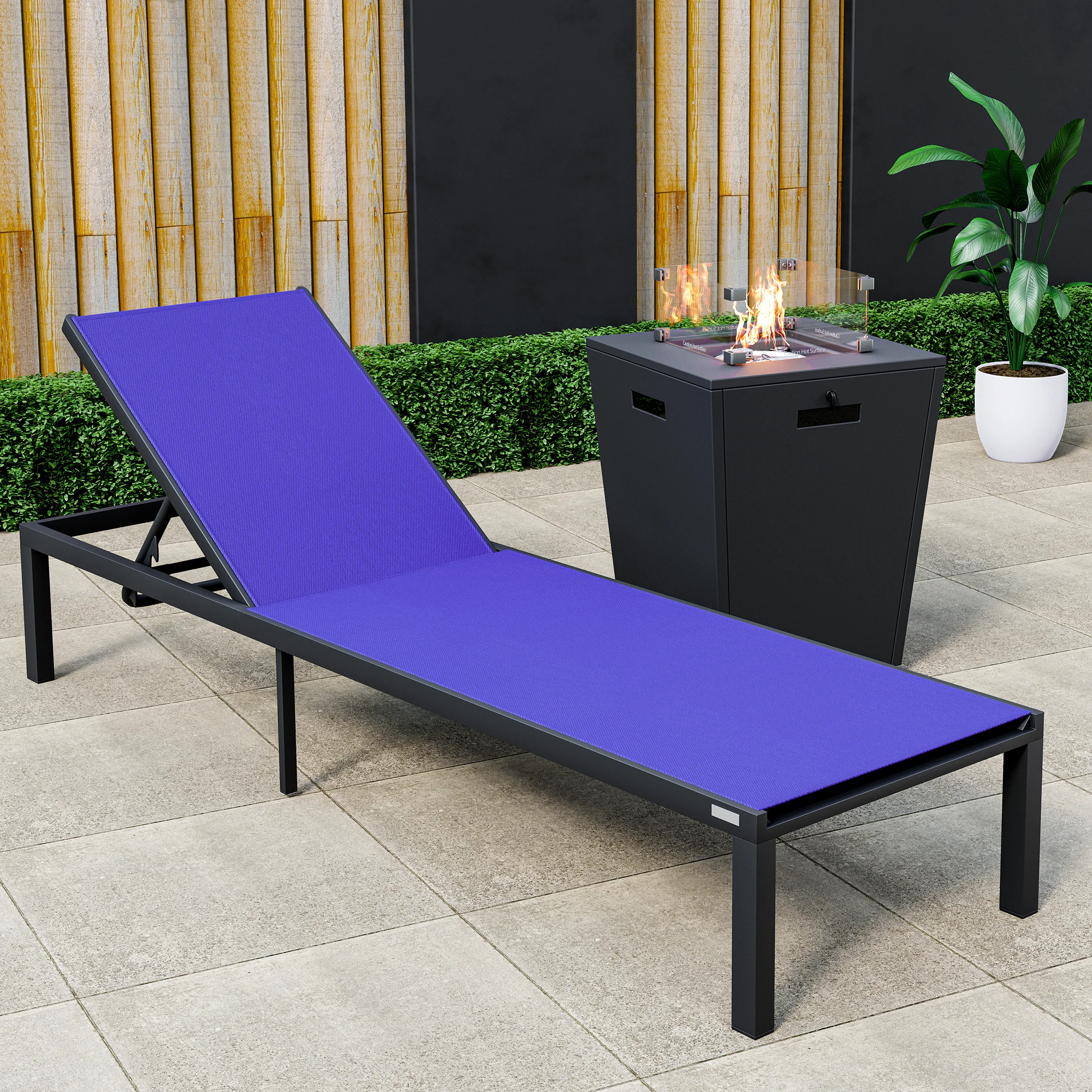 Marlin Modern Black Aluminum Outdoor Patio Chaise Lounge Chair with Square Fire Pit Side Table Perfect for Patio, Lawn, and Garden