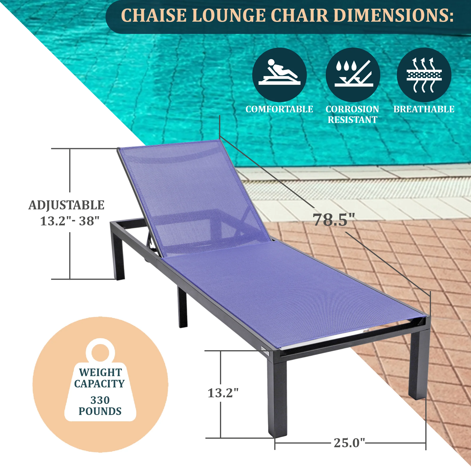 Marlin Modern Black Aluminum Outdoor Patio Chaise Lounge Chair with Square Fire Pit Side Table Perfect for Patio, Lawn, and Garden