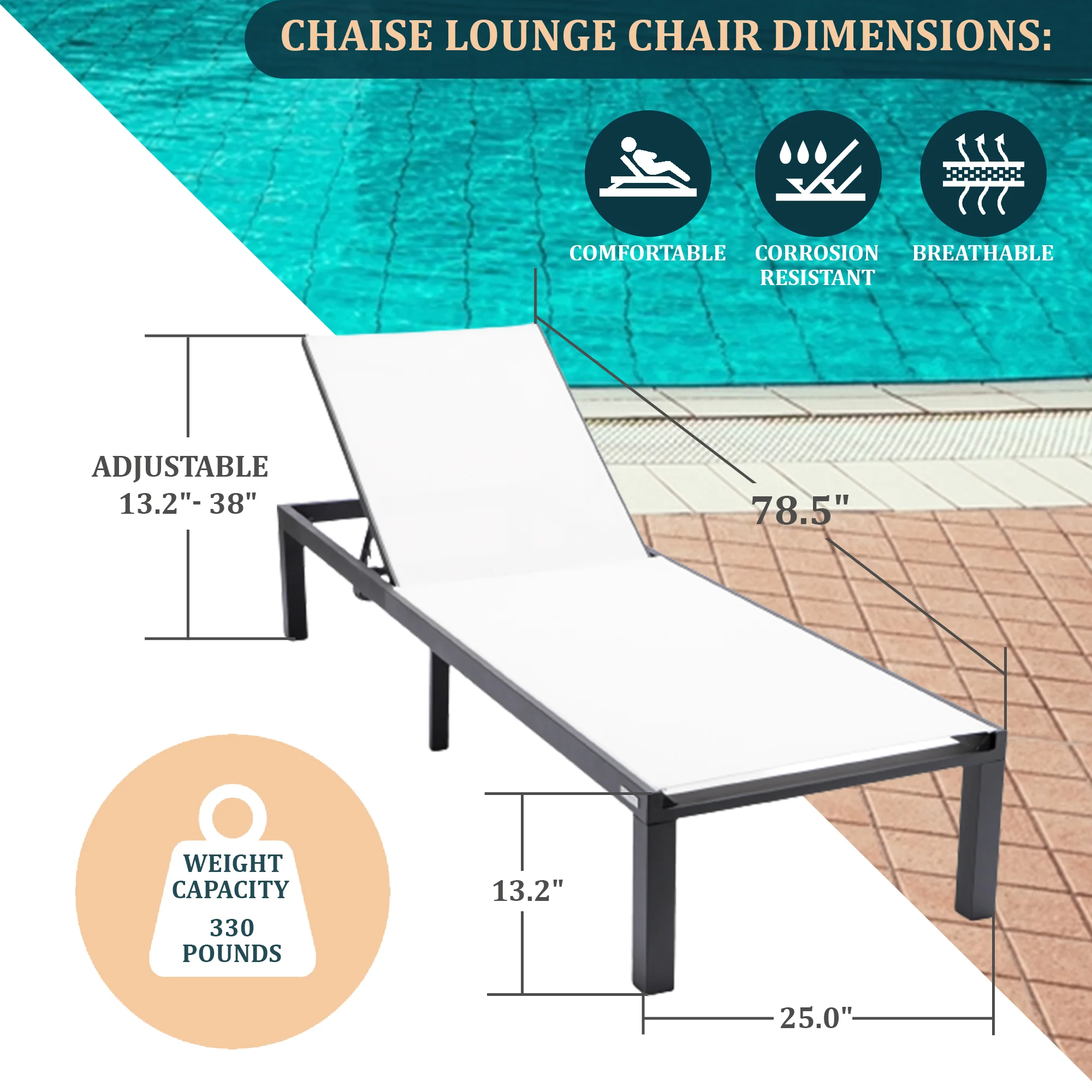 Marlin Modern Black Aluminum Outdoor Patio Chaise Lounge Chair with Square Fire Pit Side Table Perfect for Patio, Lawn, and Garden