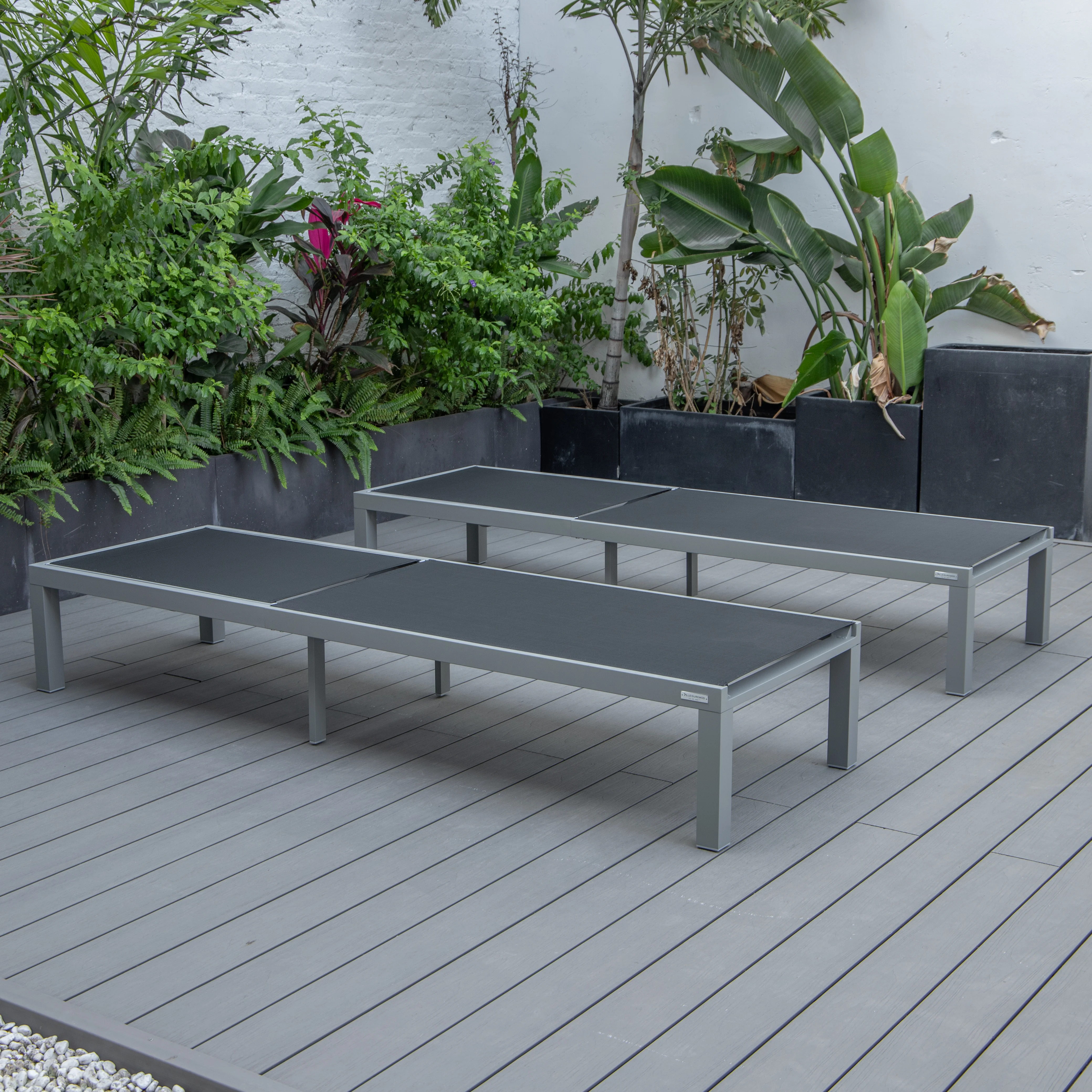 Marlin Patio Chaise Lounge Chair With Grey Aluminum Frame, Set of 2 in Black