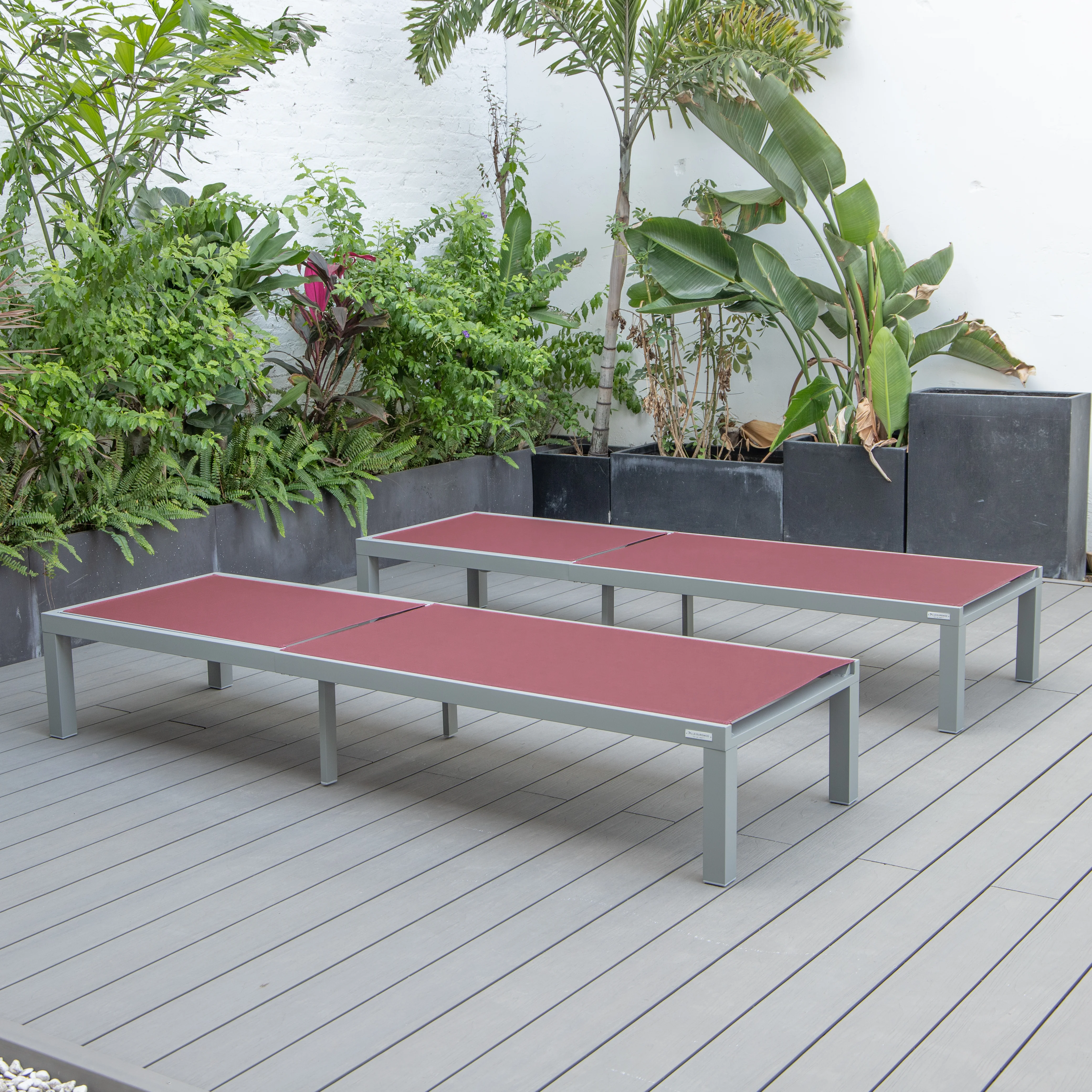 Marlin Patio Chaise Lounge Chair With Grey Aluminum Frame, Set of 2 in Burgundy