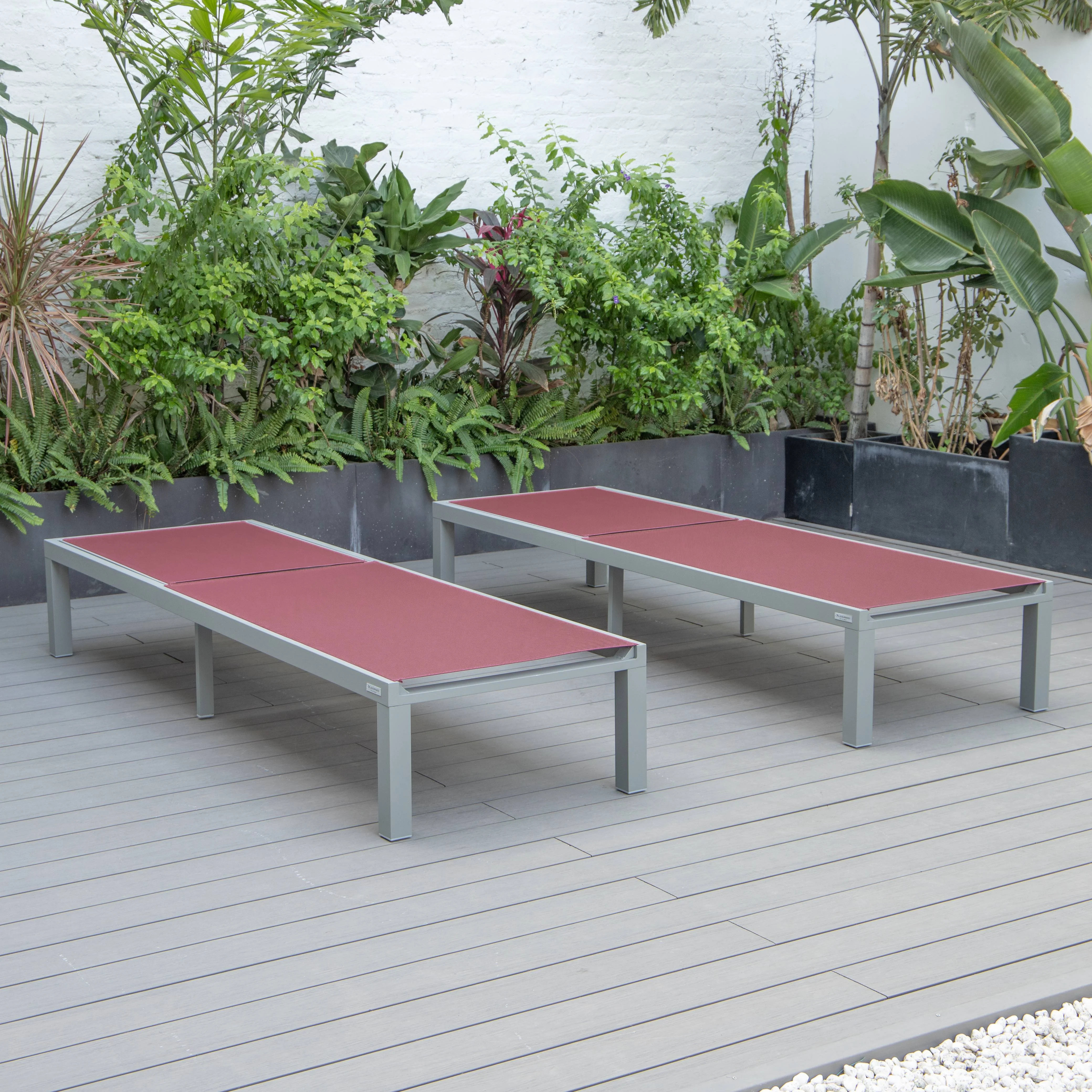 Marlin Patio Chaise Lounge Chair With Grey Aluminum Frame, Set of 2 in Burgundy
