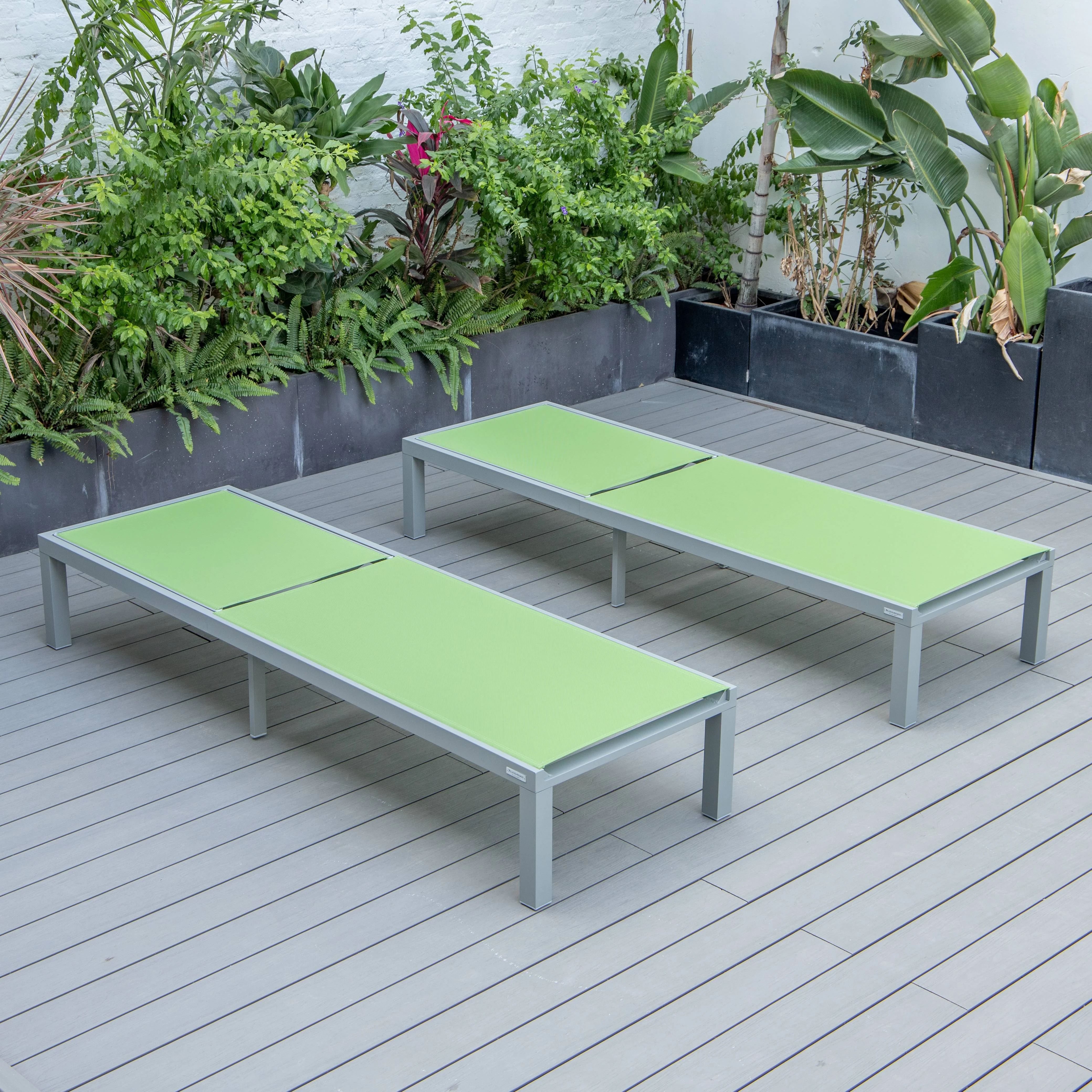 Marlin Patio Chaise Lounge Chair With Grey Aluminum Frame, Set of 2 in Green
