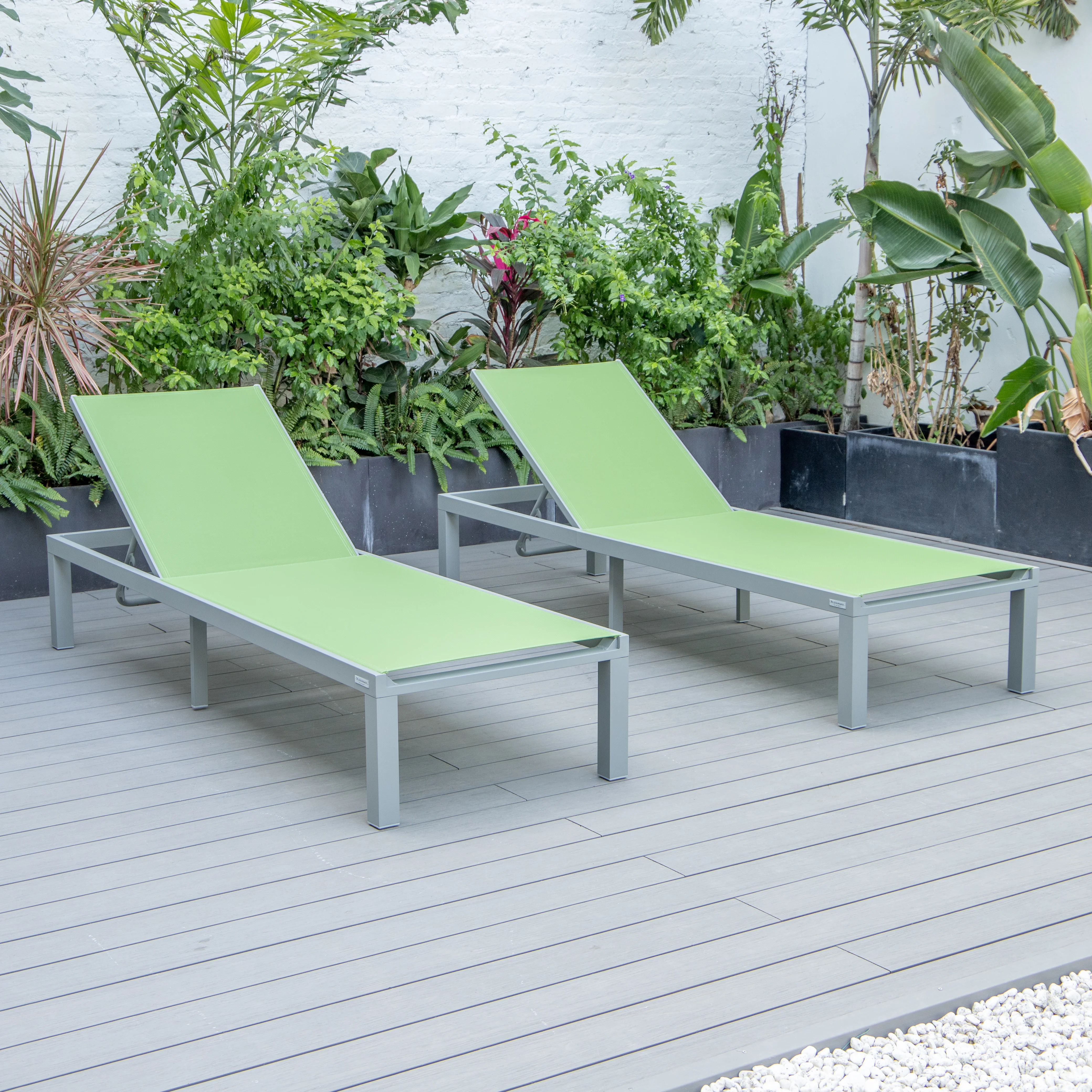 Marlin Patio Chaise Lounge Chair With Grey Aluminum Frame, Set of 2 in Green