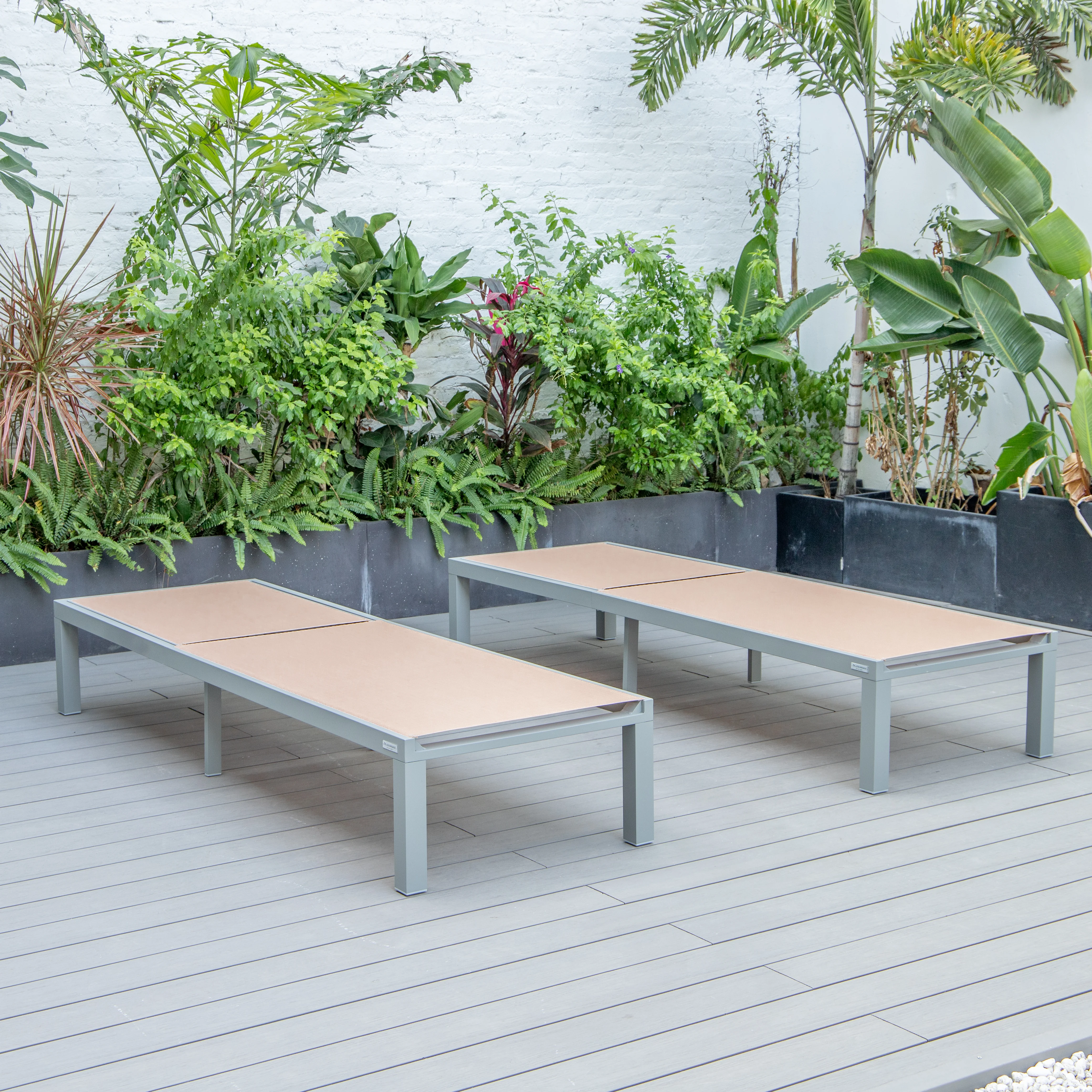 Marlin Patio Chaise Lounge Chair With Grey Aluminum Frame, Set of 2 in Light Brown