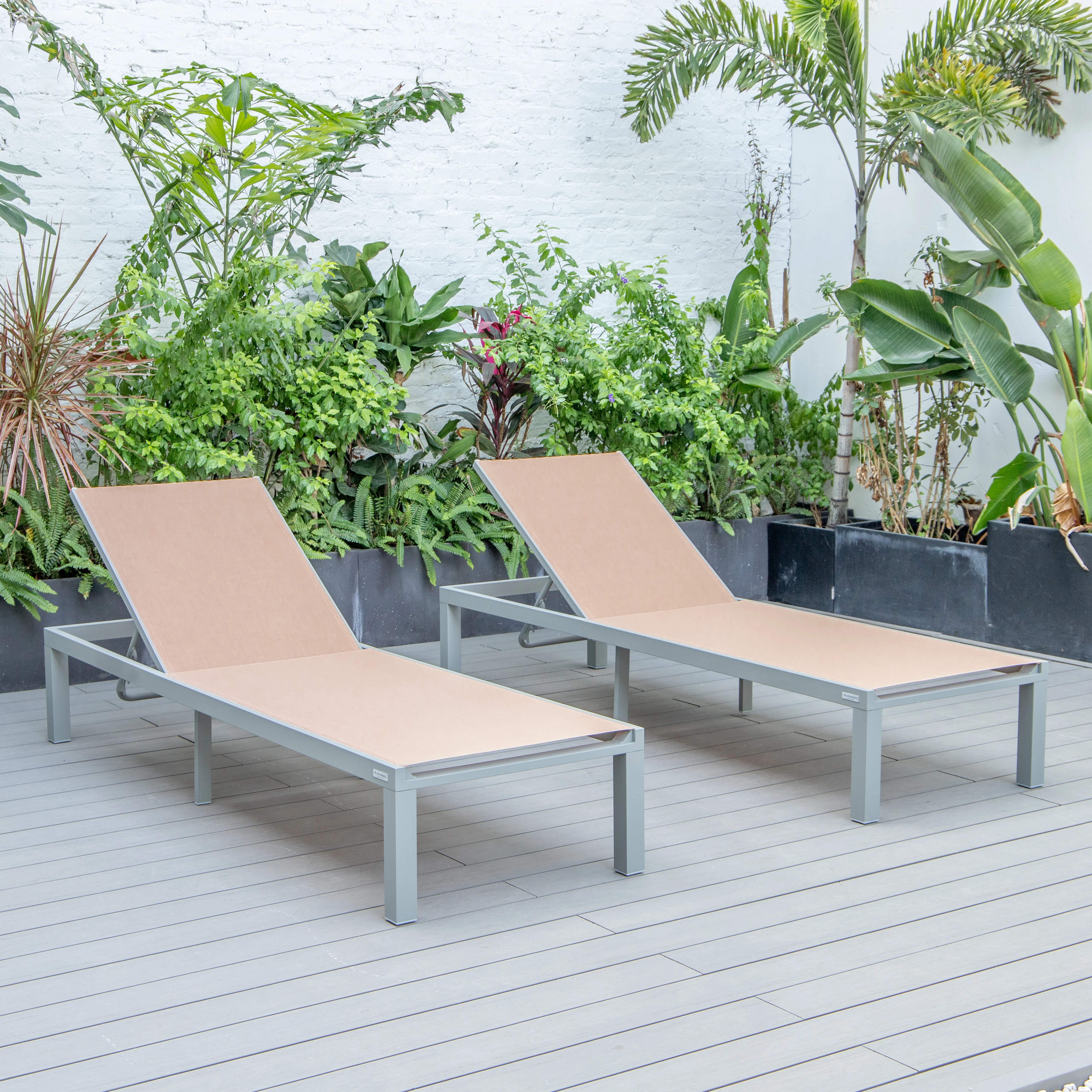 Marlin Patio Chaise Lounge Chair With Grey Aluminum Frame, Set of 2 in Light Brown