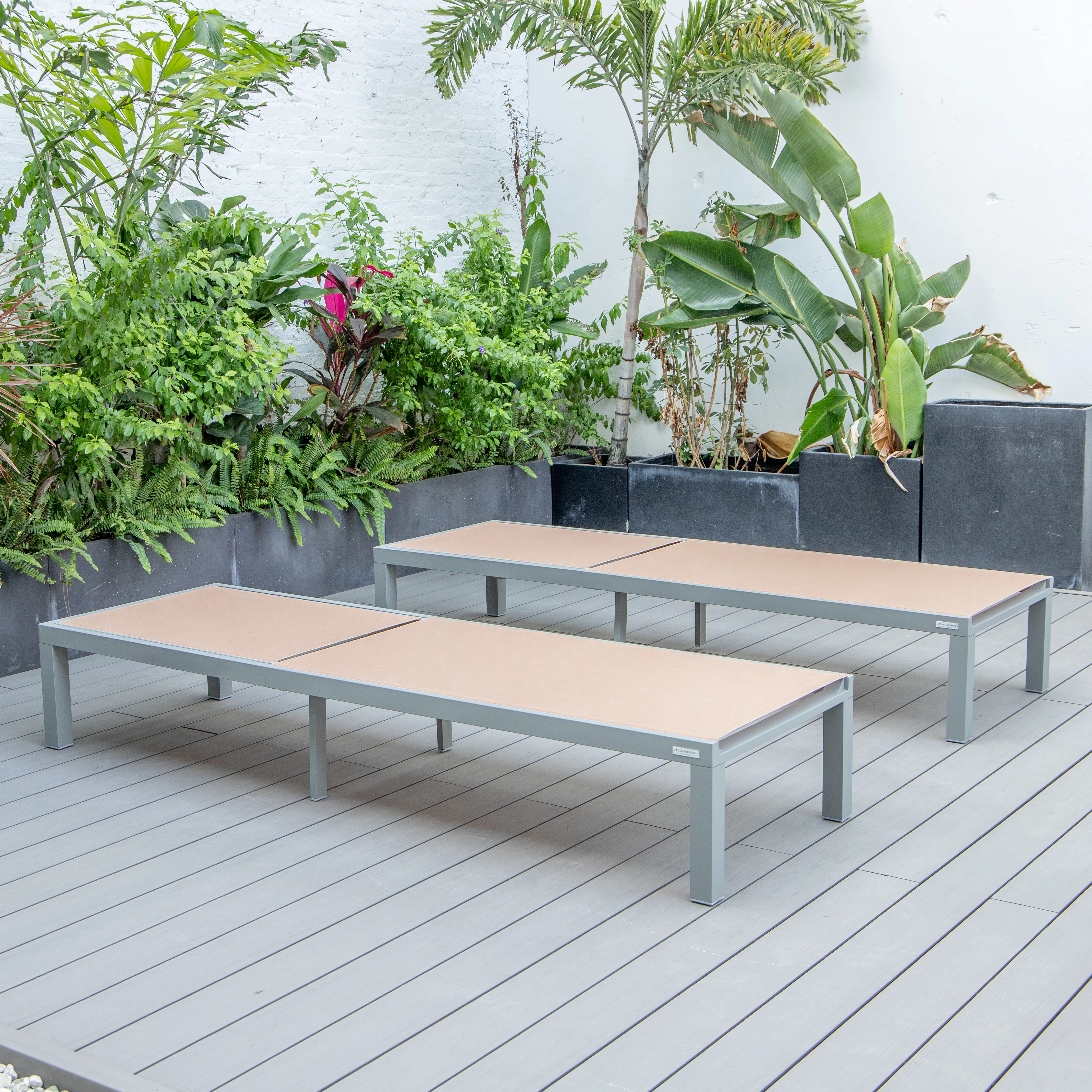 Marlin Patio Chaise Lounge Chair With Grey Aluminum Frame, Set of 2 in Light Brown