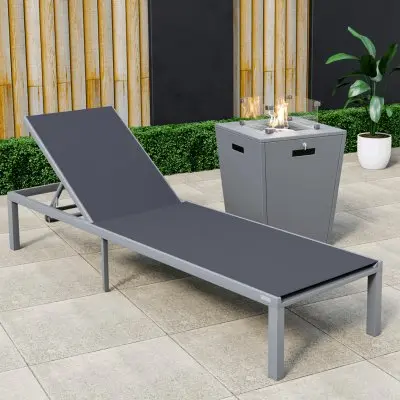 Marlin Modern Grey Aluminum Outdoor Patio Chaise Lounge Chair with Square Fire Pit Side Table Perfect for Patio, Lawn, and Garden
