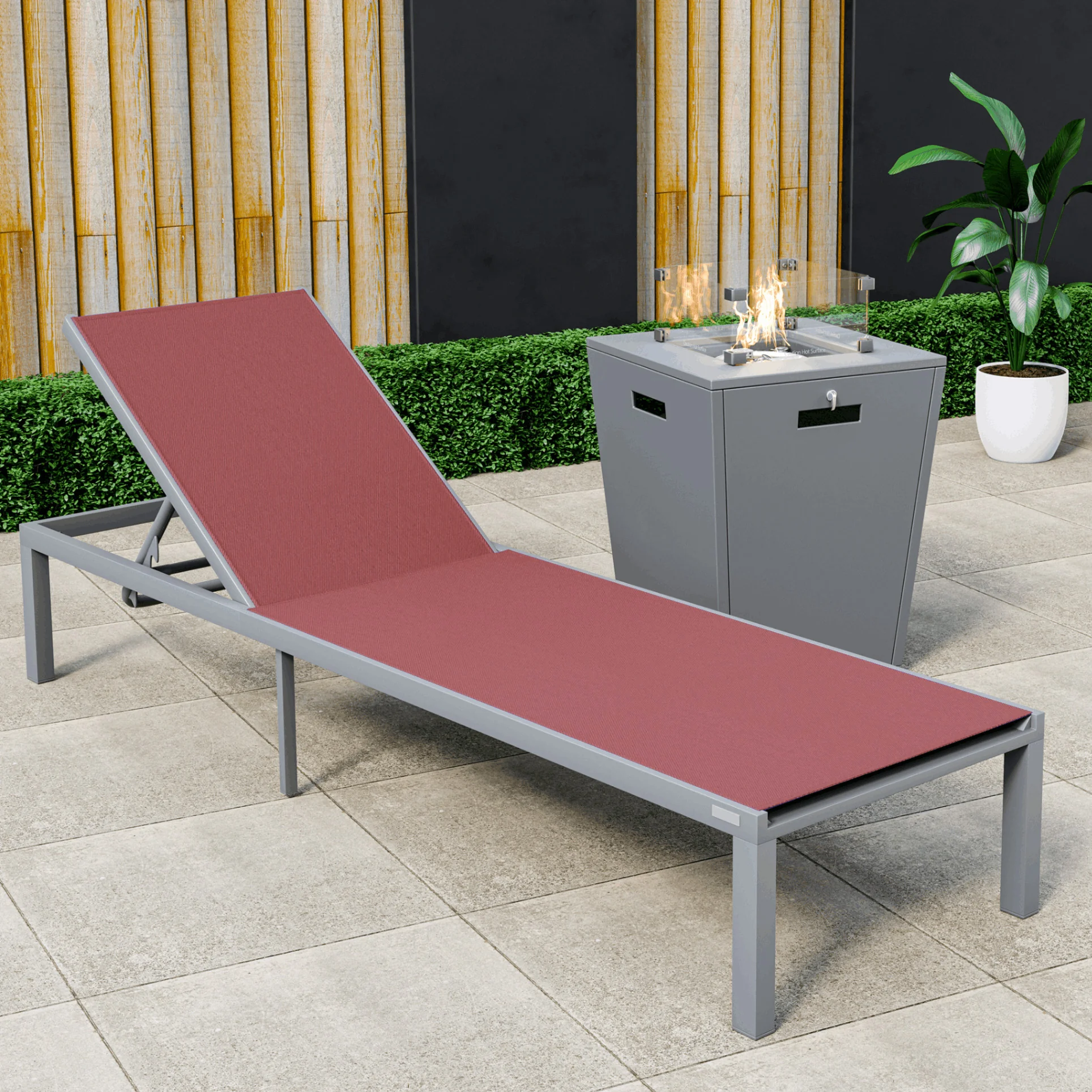 Marlin Modern Grey Aluminum Outdoor Patio Chaise Lounge Chair with Square Fire Pit Side Table Perfect for Patio, Lawn, and Garden
