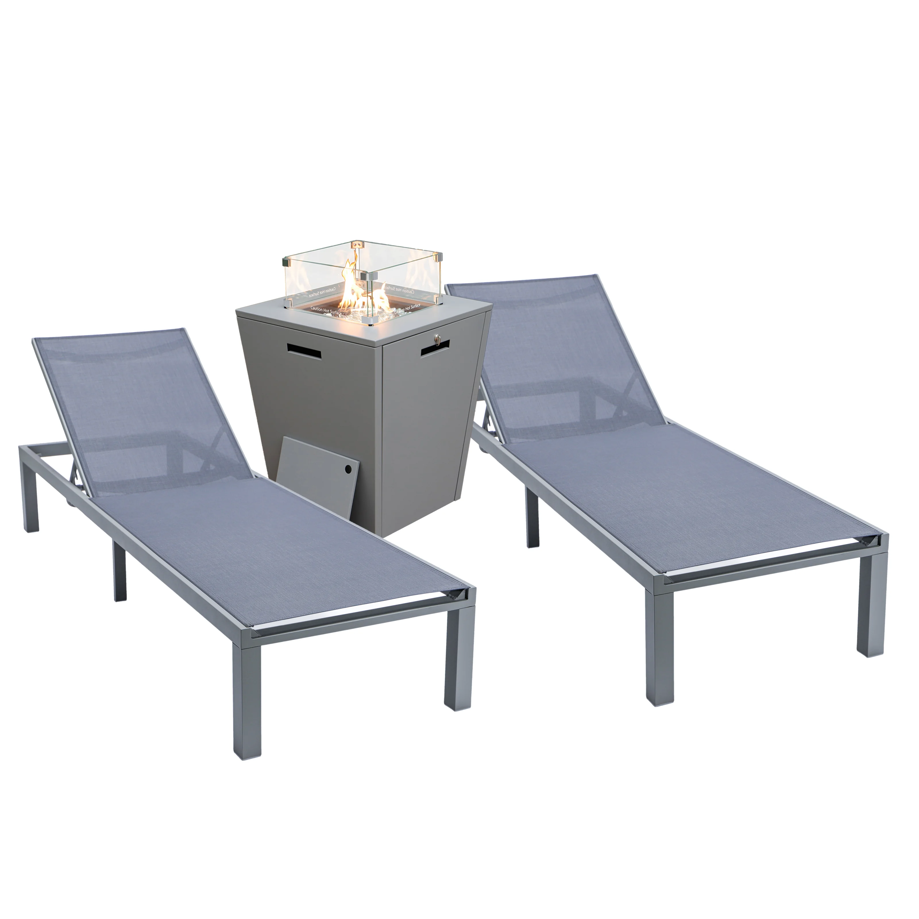 Marlin Modern Aluminum Outdoor Patio Chaise Lounge Chair Set of 2 with Square Fire Pit Side Table Perfect for Patio, Lawn, and Garden