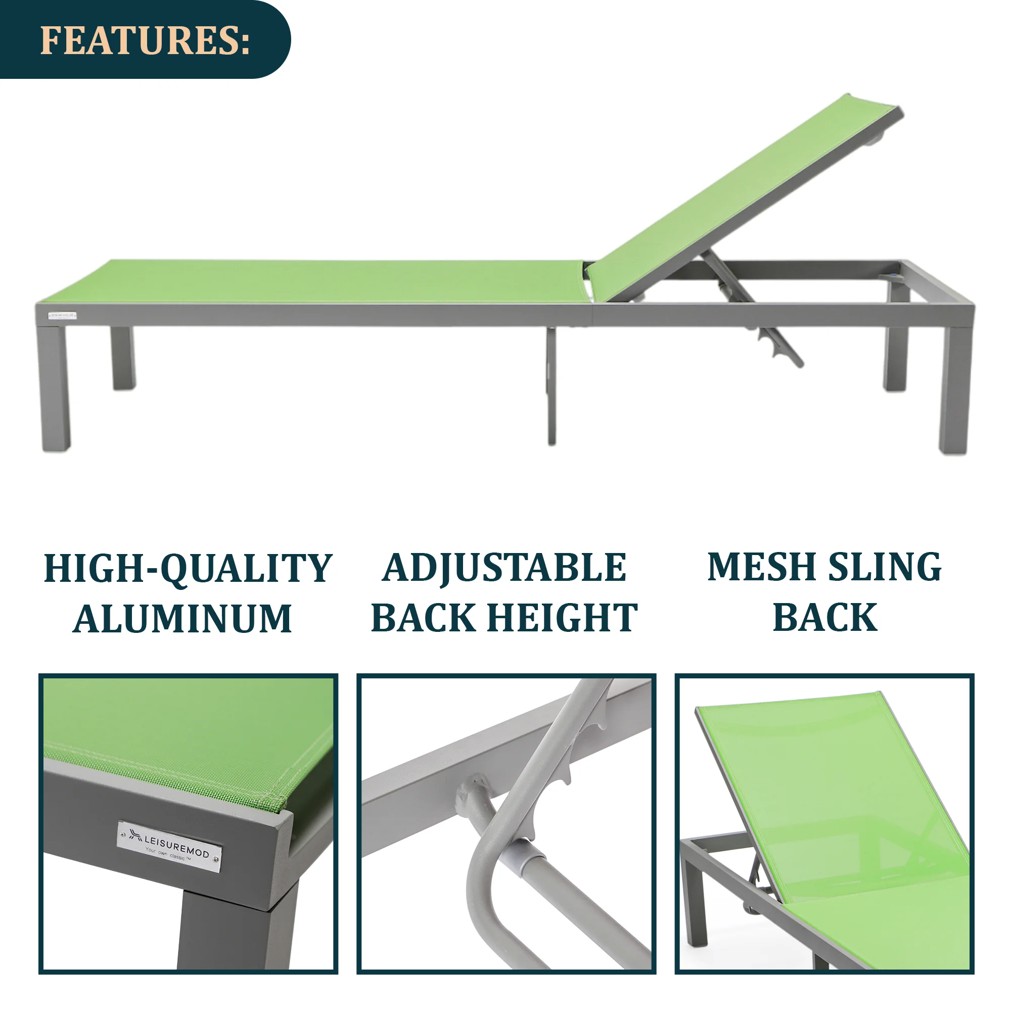 Marlin Modern Grey Aluminum Outdoor Patio Chaise Lounge Chair with Square Fire Pit Side Table Perfect for Patio, Lawn, and Garden