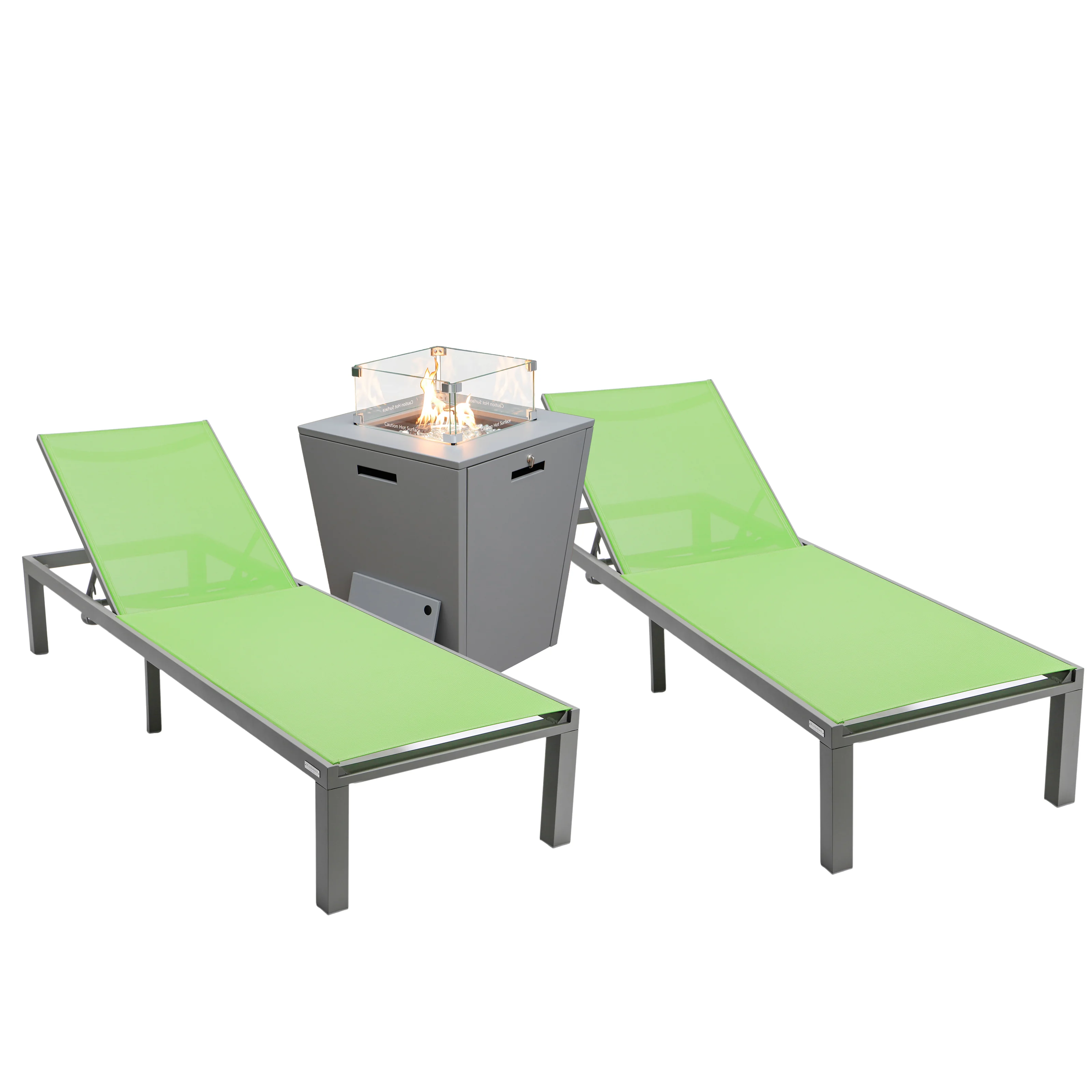 Marlin Modern Aluminum Outdoor Patio Chaise Lounge Chair Set of 2 with Square Fire Pit Side Table Perfect for Patio, Lawn, and Garden