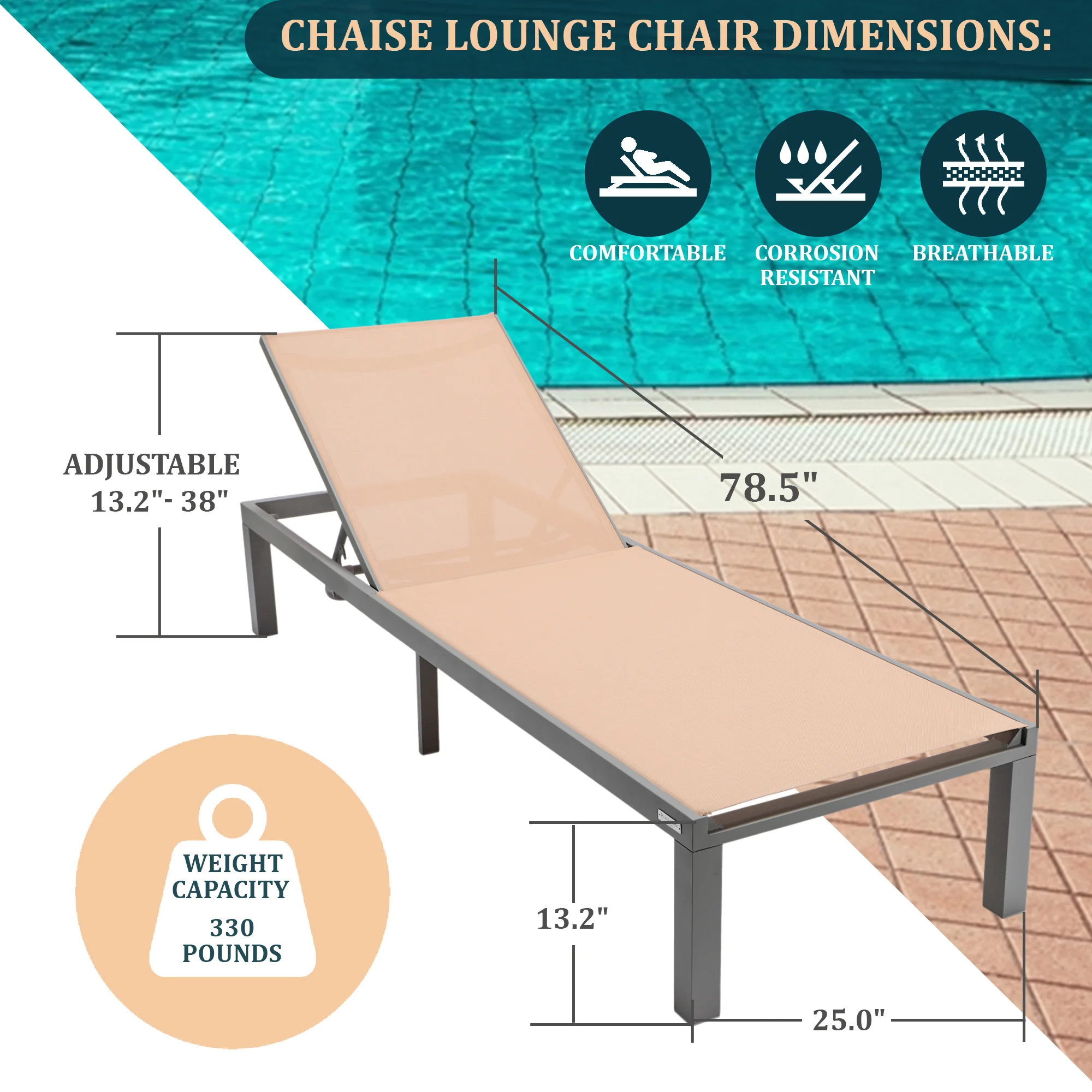 Marlin Modern Grey Aluminum Outdoor Patio Chaise Lounge Chair with Square Fire Pit Side Table Perfect for Patio, Lawn, and Garden
