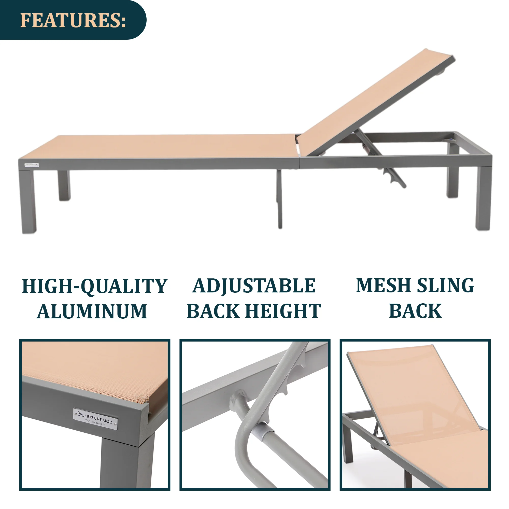 Marlin Modern Grey Aluminum Outdoor Patio Chaise Lounge Chair with Square Fire Pit Side Table Perfect for Patio, Lawn, and Garden