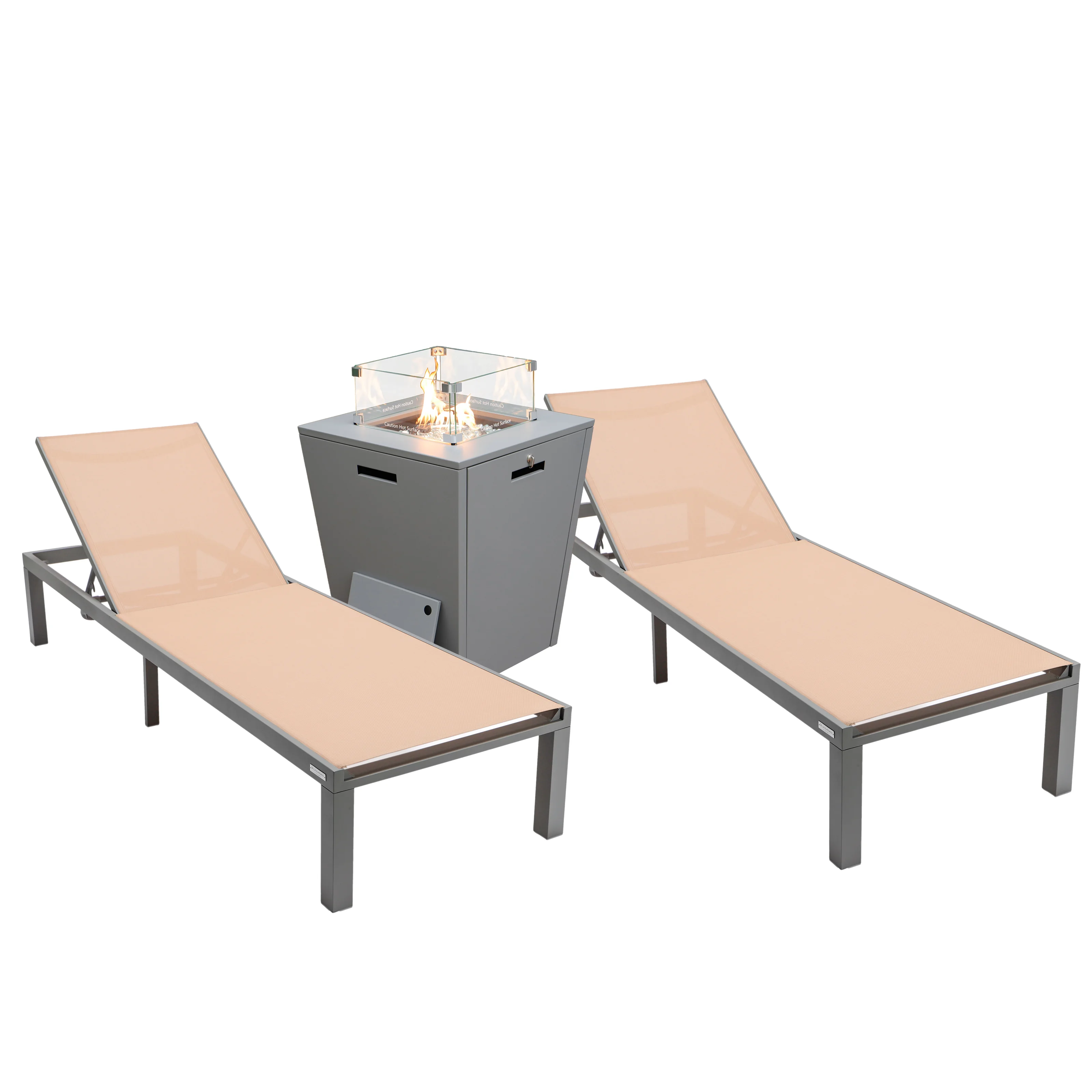 Marlin Modern Aluminum Outdoor Patio Chaise Lounge Chair Set of 2 with Square Fire Pit Side Table Perfect for Patio, Lawn, and Garden