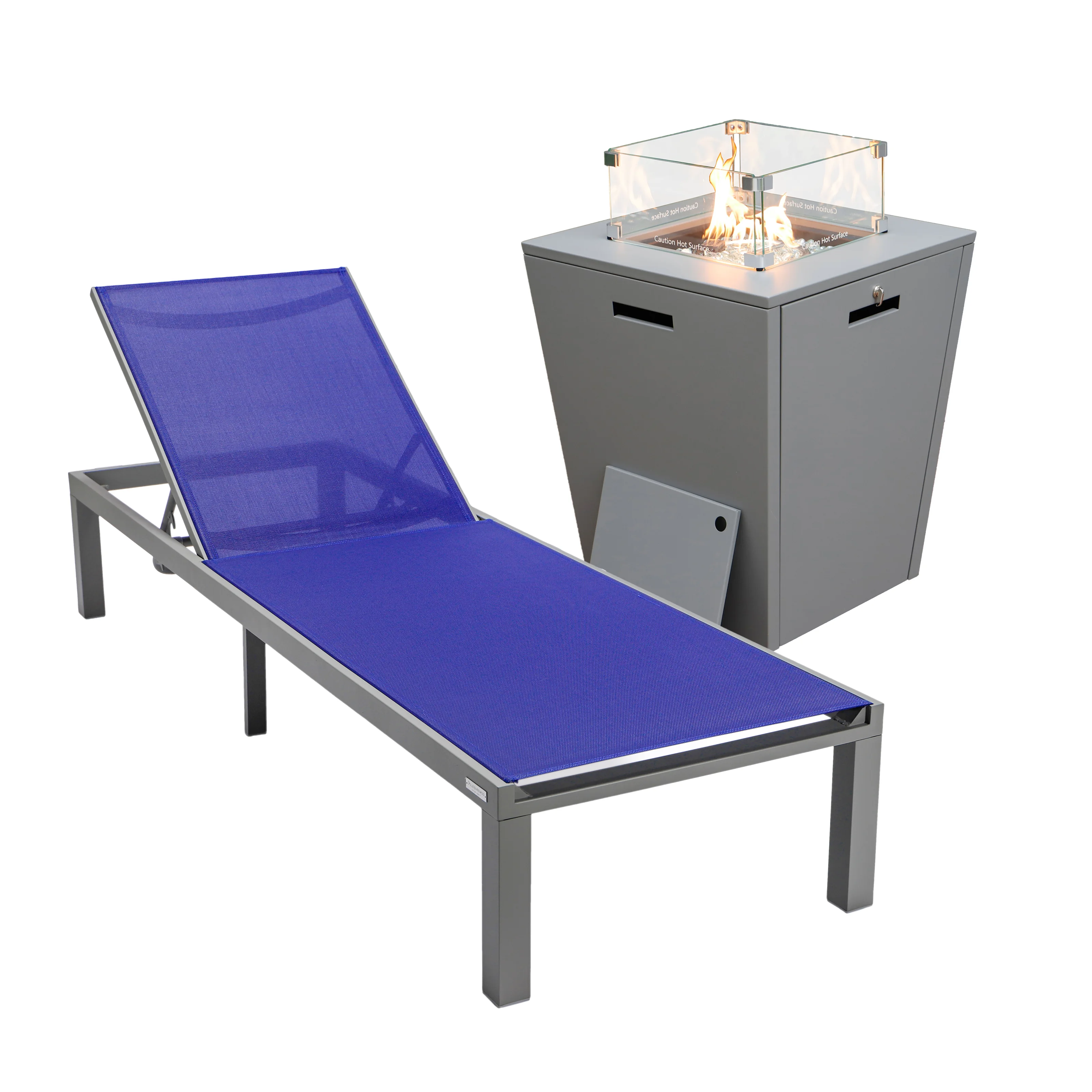 Marlin Modern Grey Aluminum Outdoor Patio Chaise Lounge Chair with Square Fire Pit Side Table Perfect for Patio, Lawn, and Garden